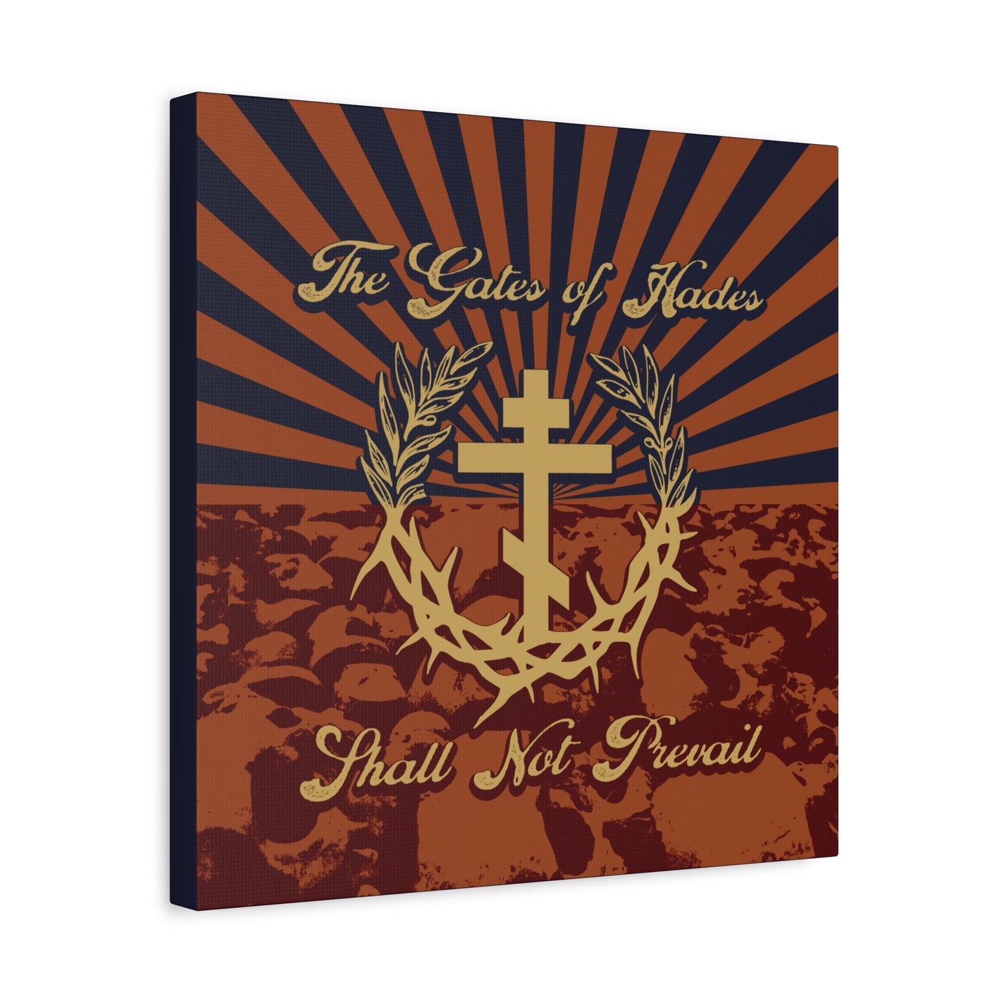 The Gates of Hades Shall Not Prevail | Cross with Wreath & Crown of Thorns | Skulls and Rays | Orthodox Christian Canvas Art