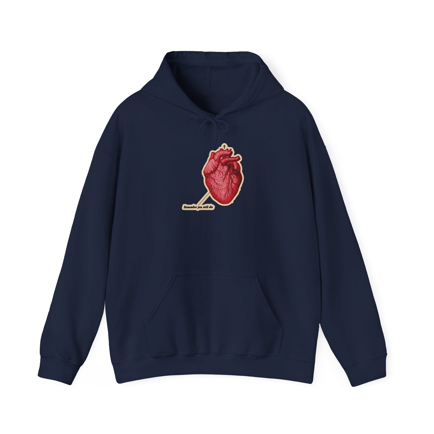 Navy "Remember You Will Die" Christian hoodie features a retro medical heart design with Orthodox cross and the phrase "Memento Mori – It's Later Than You Think"; a subtle reminder of repentance and God's mercy.