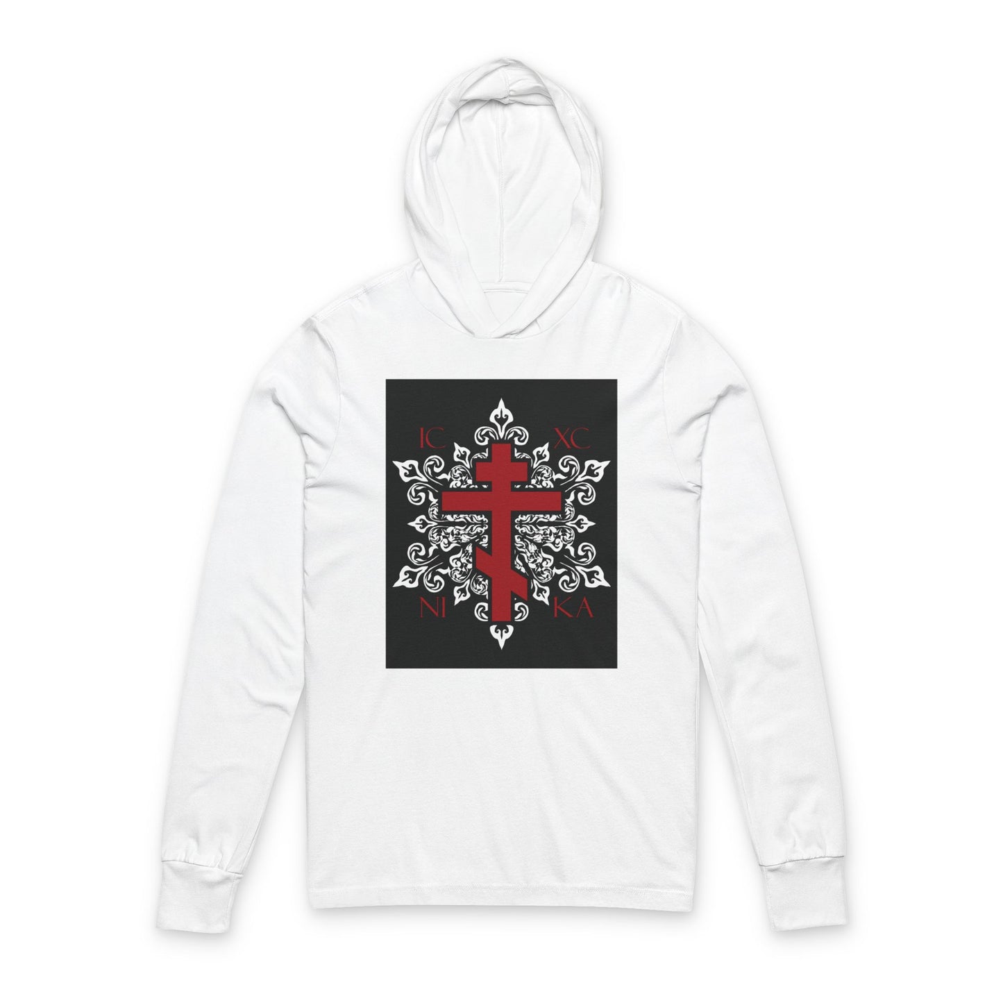 ICXC / NIKA Red Orthodox Cross on Ornate White Medieval Floral Design | Exclusive Best-Selling | Orthodox Long Sleeve Hooded Shirt