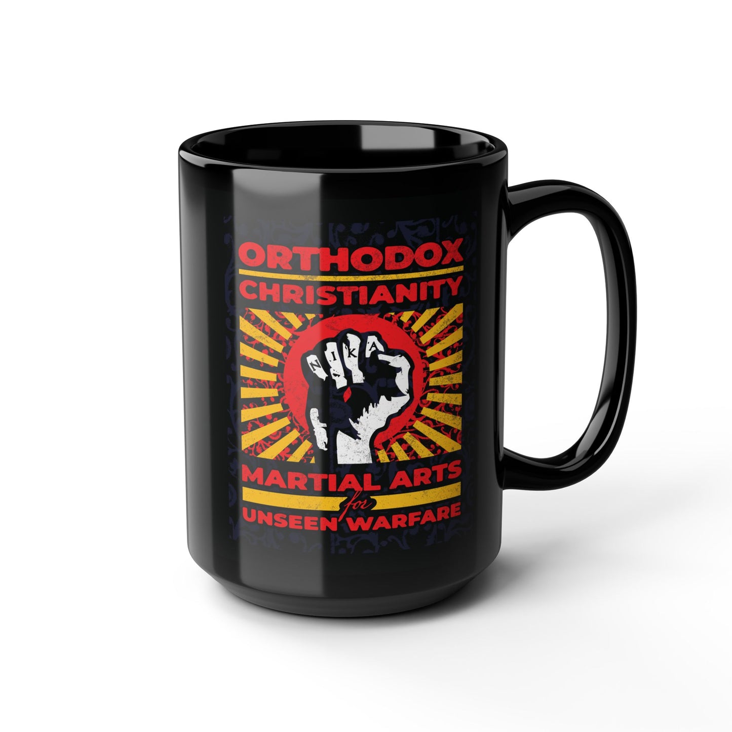 Orthodox Christianity: Martial Arts for Unseen Warfare | NIKA Jesus Fist on Colorful Sunburst Design | Orthodox Christian Black Mug