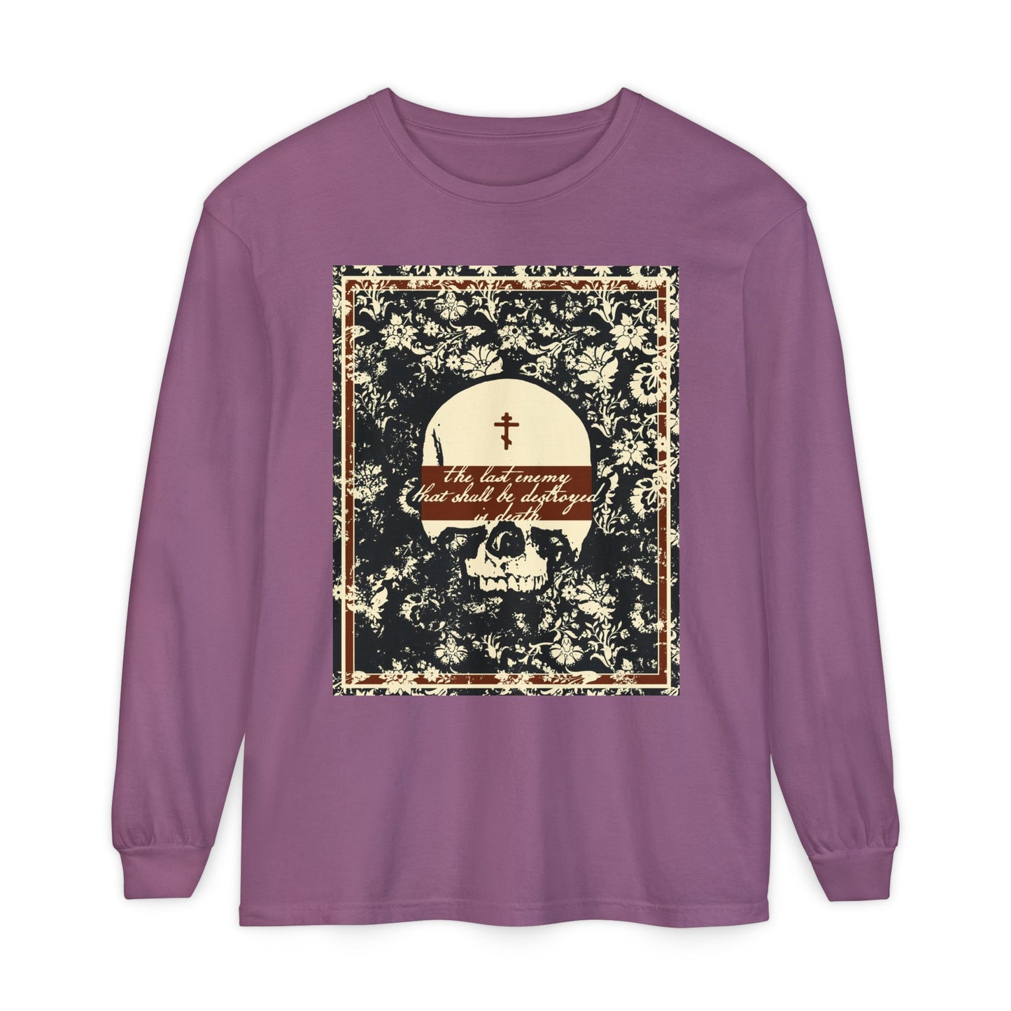 The Last Enemy That Shall Be Destroyed is Death (1 Cor 15:26) | Earthtone Skull and Floral Design | Resurrection | Orthodox Christian Cotton Long Sleeve Shirt