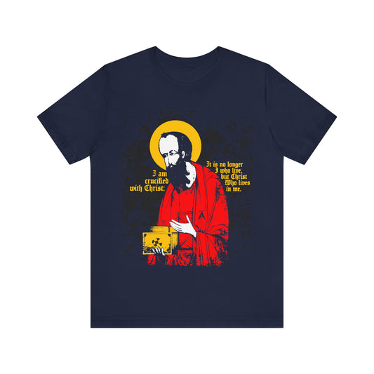 Navy "St Paul Holding Gospel" Orthodox Christian T-shirt, featuring iconographic art and "I am crucified with Christ" (Galatians 2:20), expressing faith and new life in Him.