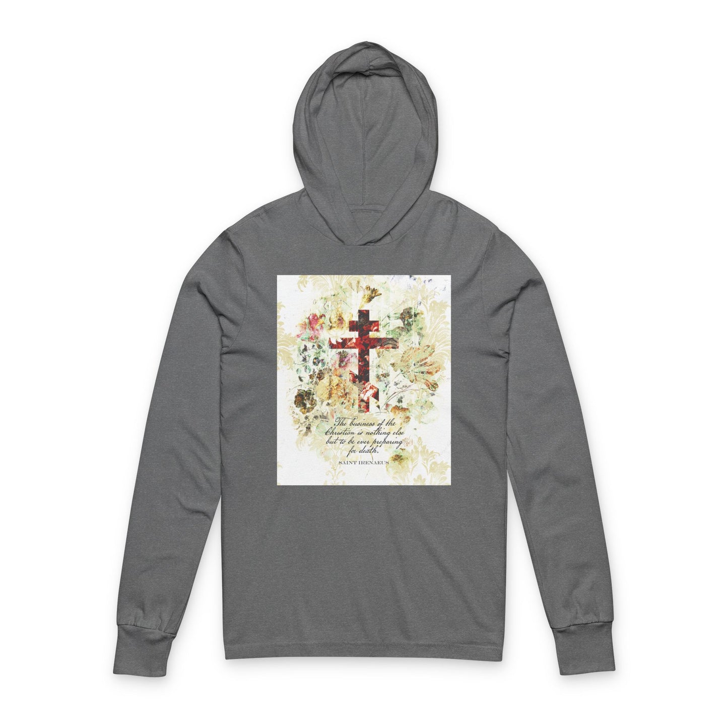 Preparing For Death | White & Beige Floral Scrapbook Texture Cross | Arts & Crafts Style | St Irenaeus | Orthodox Long Sleeve Hooded Shirt
