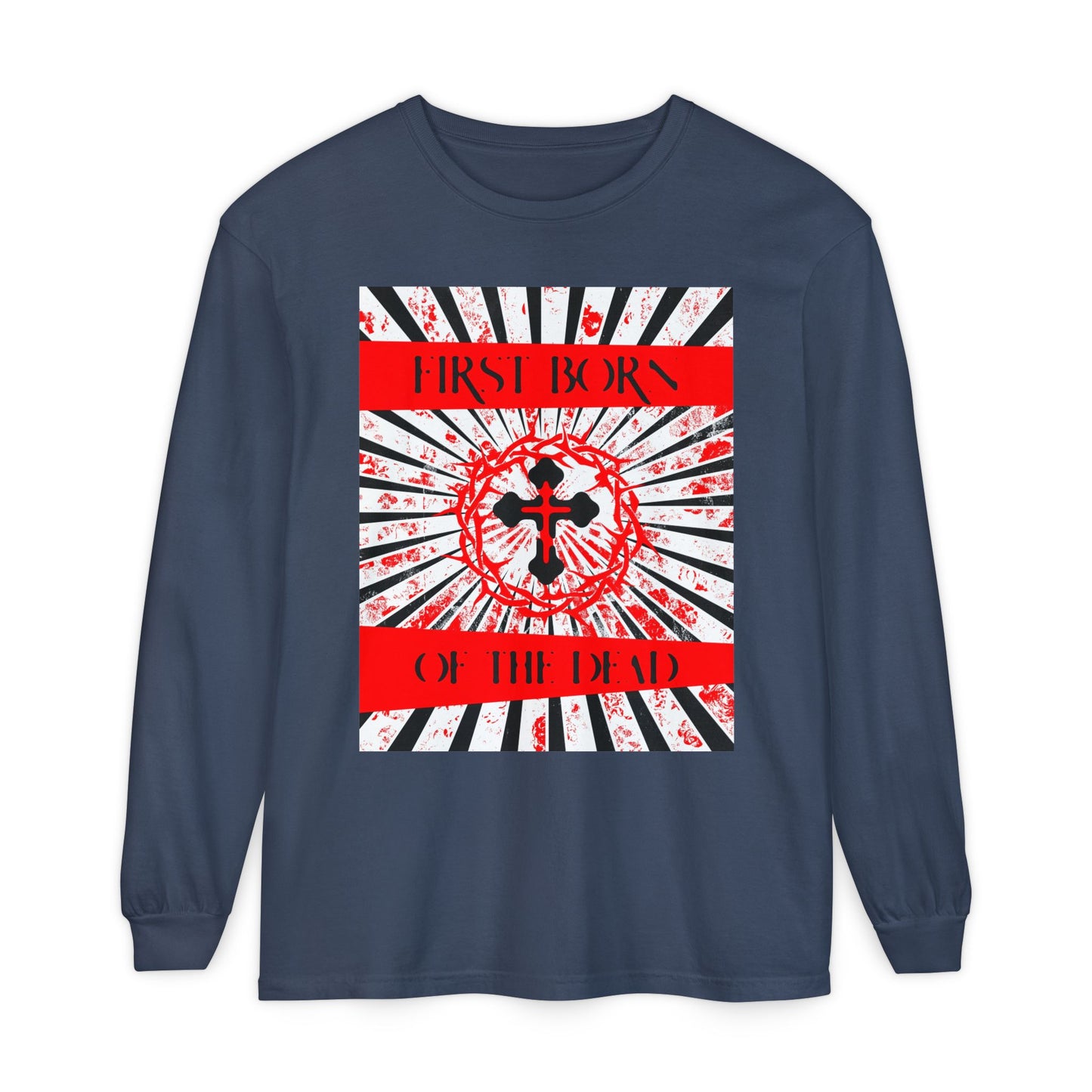 First Born of the Dead | Orthodox Cross and Crown of Thorns | Red White and Black Textured Design with Rays | Orthodox Christian Long Sleeve Shirt