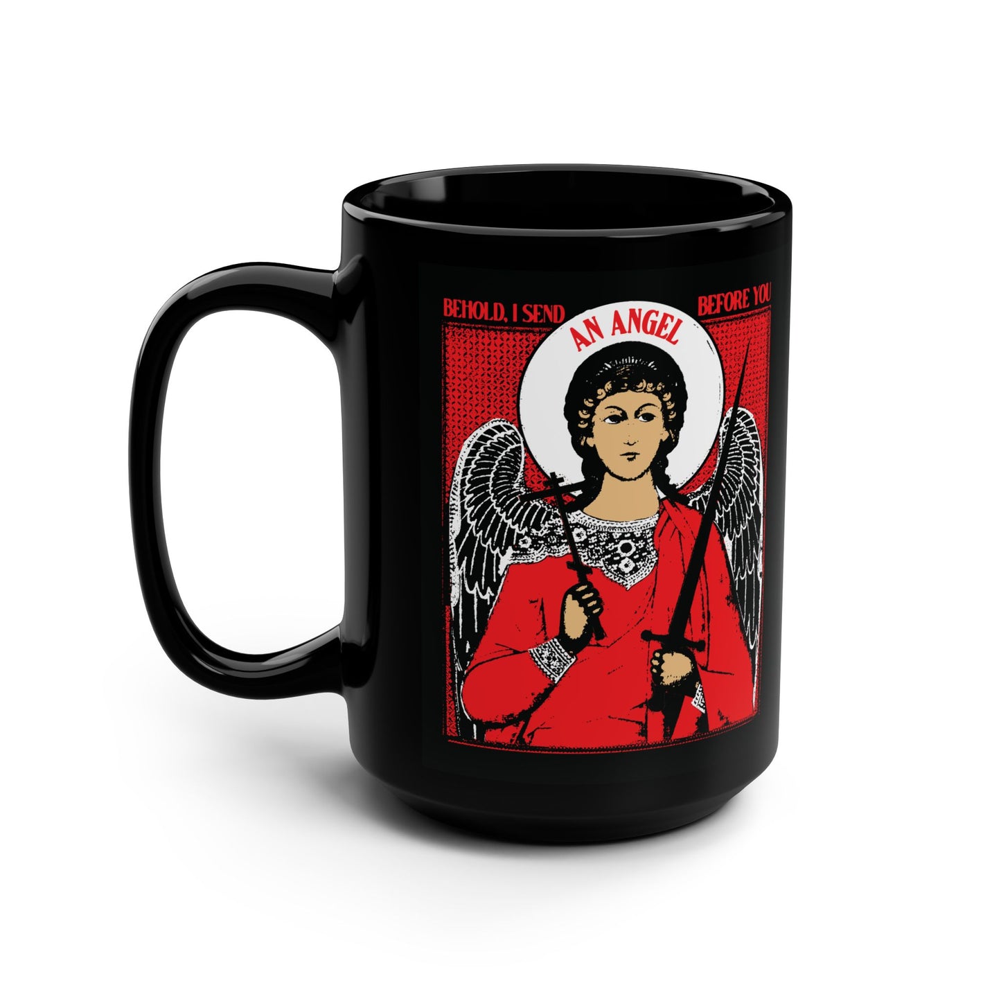 Behold I Send an Angel Before You (Ex 23:20) | Guardian Angel With Cross & Sword IconoGraphic | Orthodox Christian Black Mug
