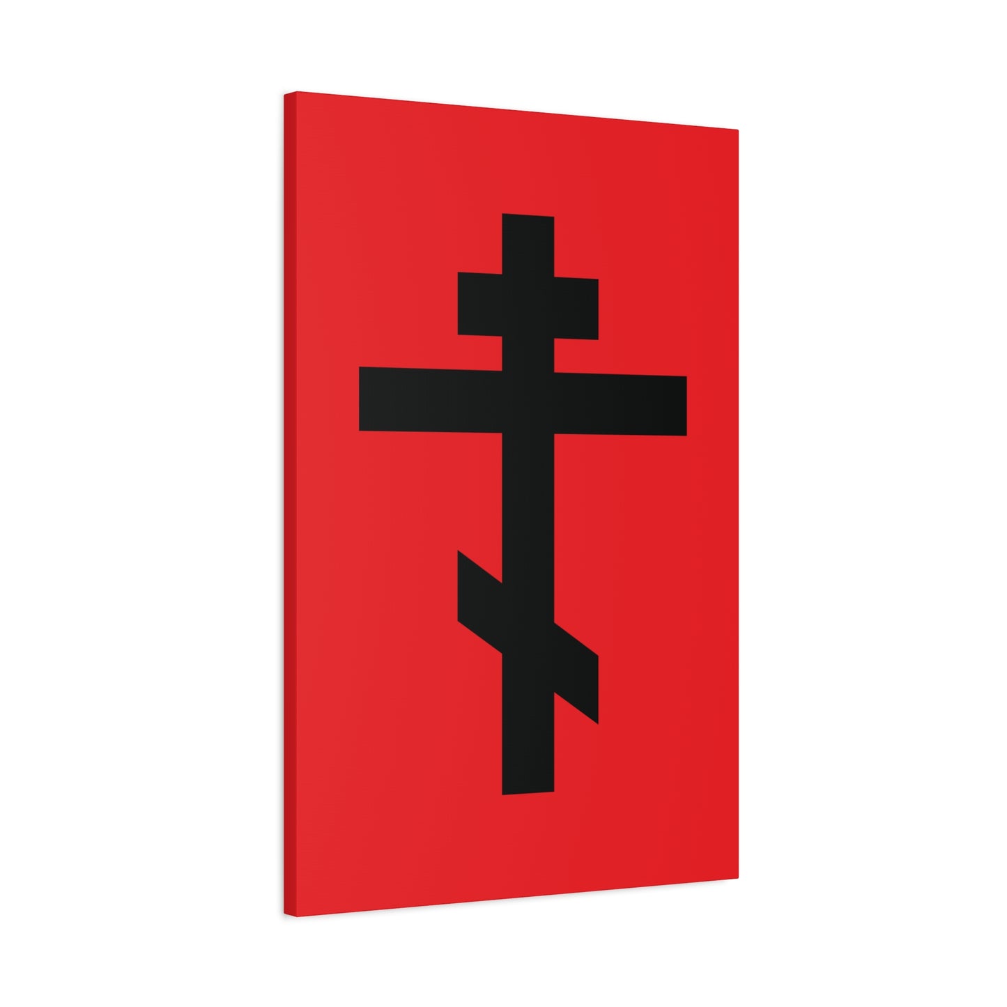 A striking black Orthodox cross on red canvas, inspired by Gal 6:14—"May I never boast, except in the cross of our Lord Jesus Christ." Orthodox Canvas Art for spiritual depth and reflection.