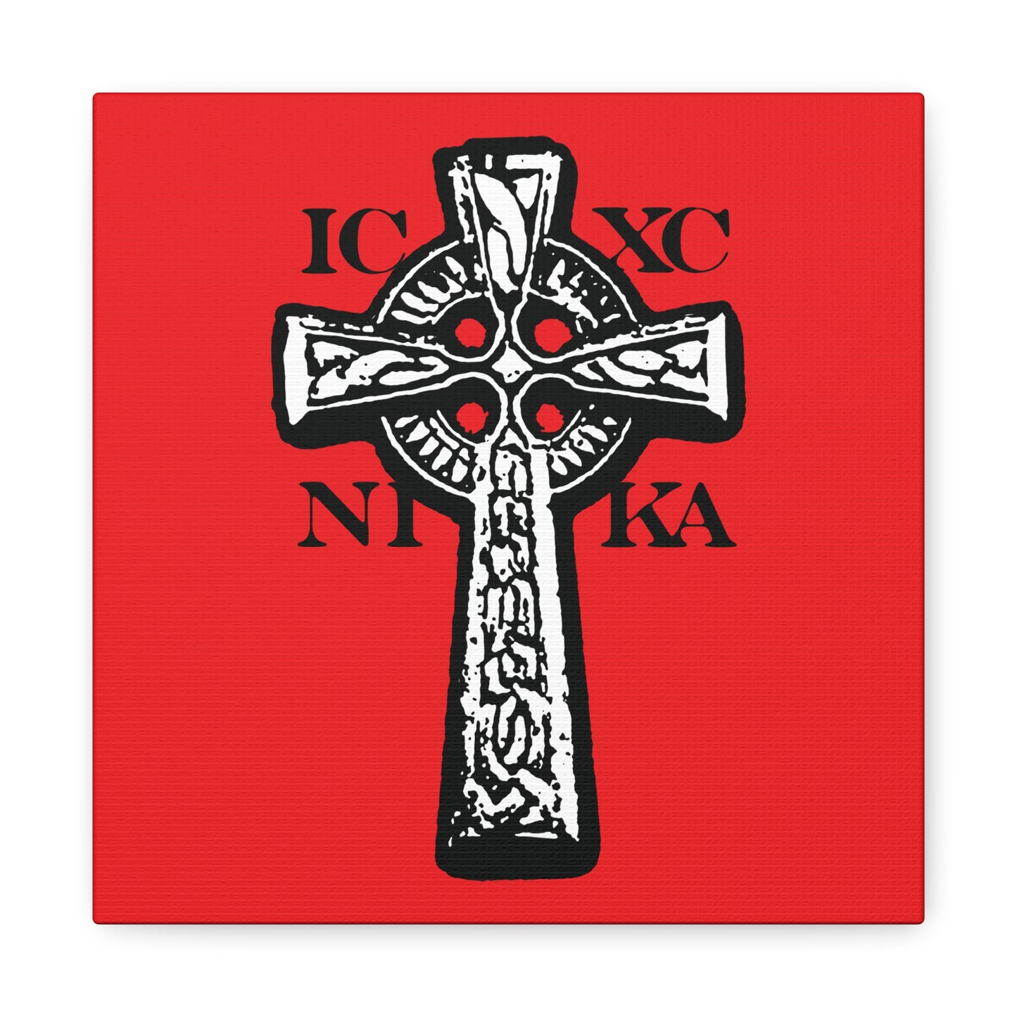 The ICXC NIKA Celtic Knotwork Cross features a black and white cross with Greek letters on a bold red background—traditional Orthodox Christian wall art celebrating Jesus Christ Conquers.