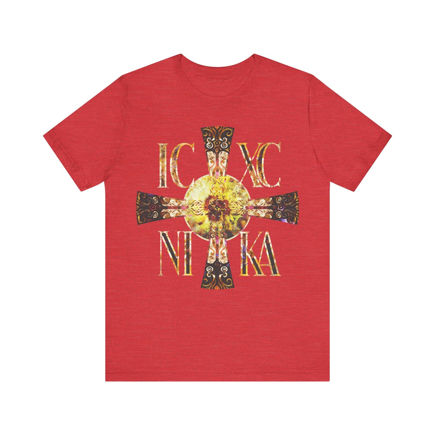 ICXC NIKA Celtic Style Equal Armed Cross | Bright Solar Texture | Orthodox Christian T-Shirt