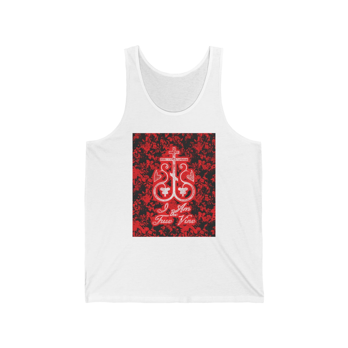 I Am the True Vine (John 15:1) | Orthodox Cross Vine Monogram | Red and Black Floral Design | Orthodox Christian Jersey Tank Top / Sleeveless Shirt