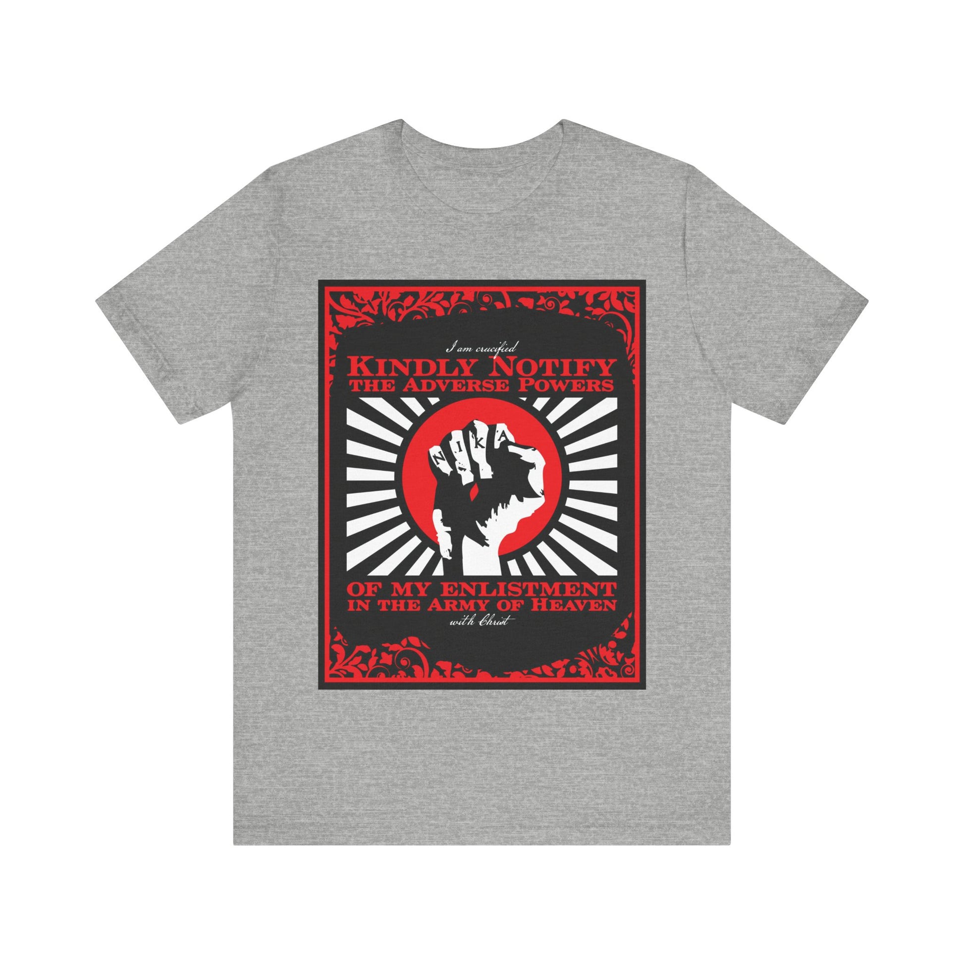 Athletic Heather t-shirt with NIKA Fist and “I am Crucified with Christ” (Gal 2:20) design—Orthodox Christian theme from "Kindly Notify the Adverse Powers." Bold red, black, and white graphic.