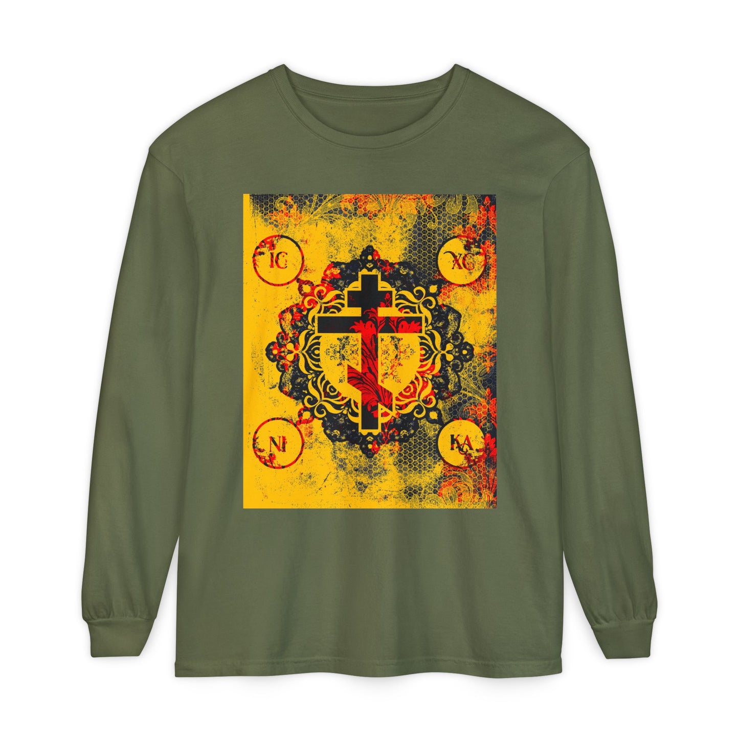 IC XC NIKA Orthodox Cross | Yellow & Red Modern & Medieval Textured Floral Design | Orthodox Christian Long Sleeve Shirt