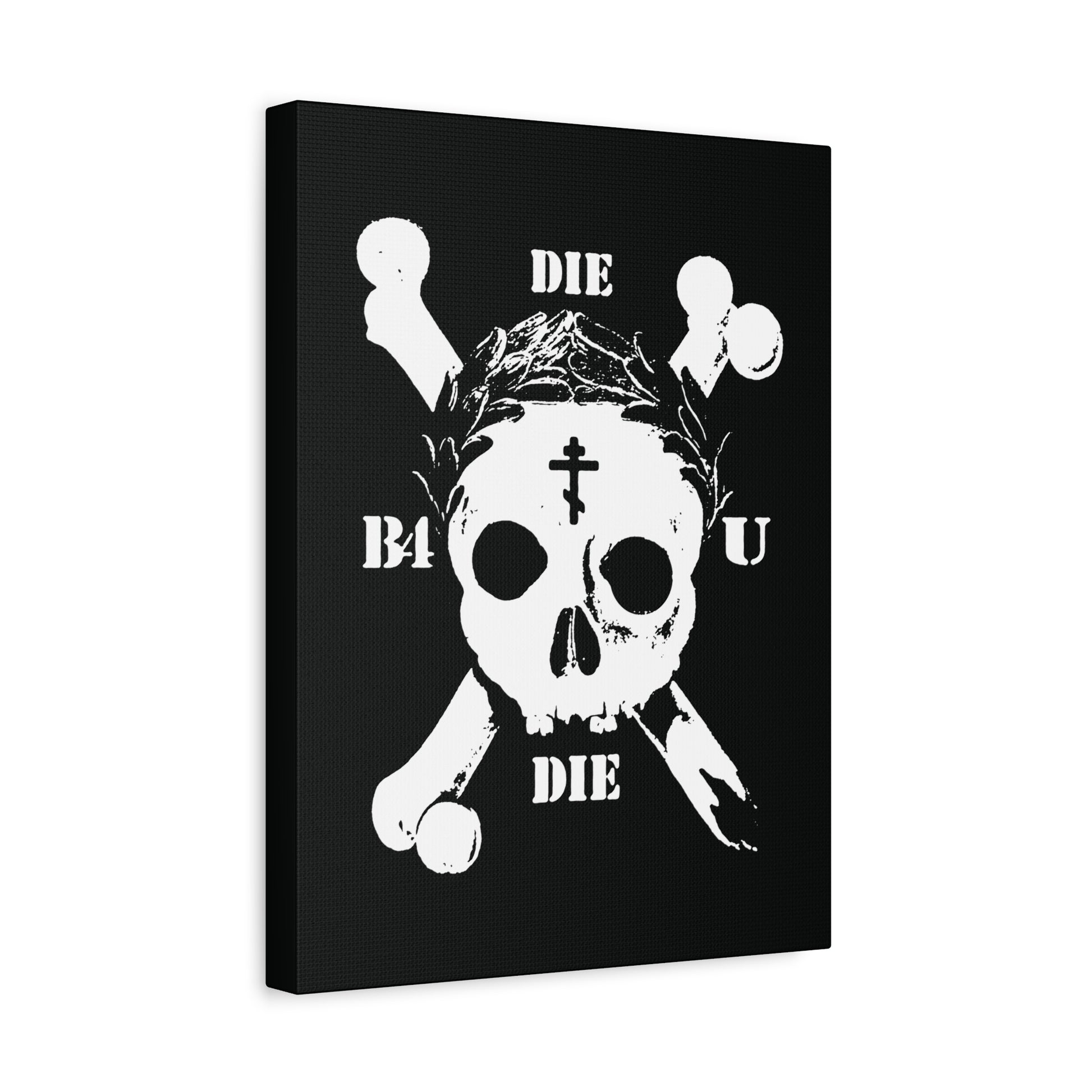 The “Die Before You Die” wall art features a retro skull & crossbones, Orthodox cross, laurel victory wreath, and bold text on black—ascetic Christian decor inspired by memento mori and Matthew 16:24-25.