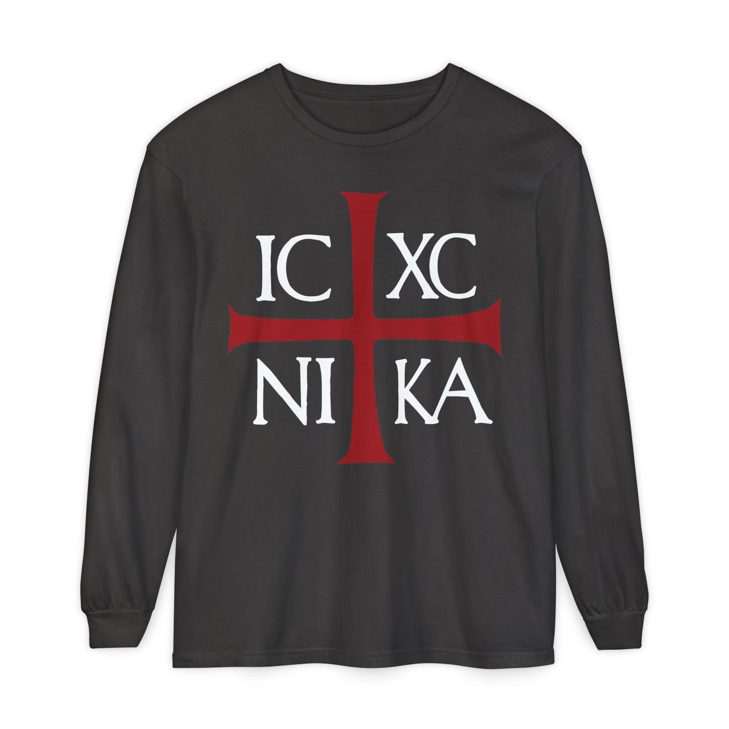 A graphite long-sleeve featuring a red cross and white ICXC NIKA—an ancient Byzantine Christogram meaning “Jesus Christ Conquers”—for Orthodox Christians.