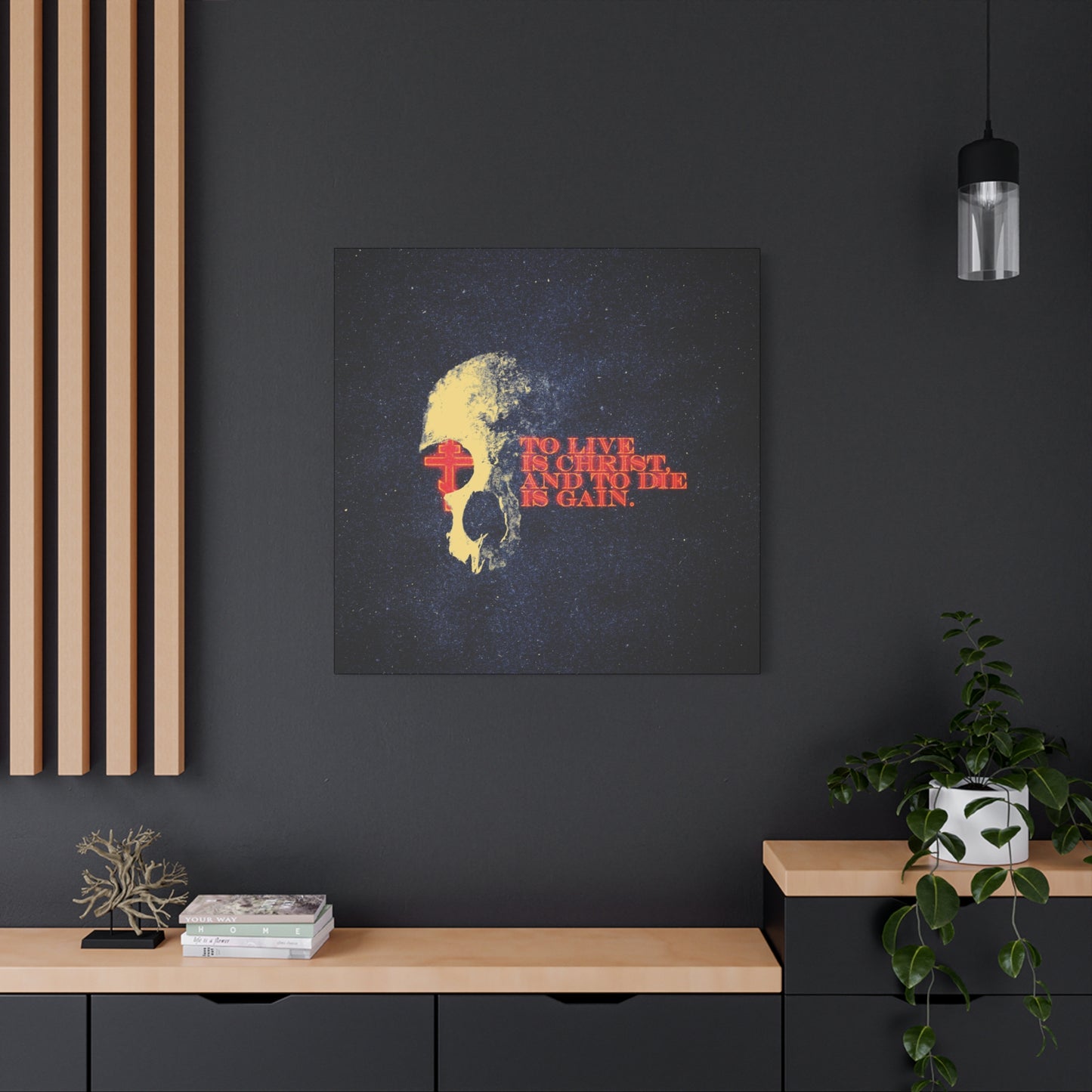 To Live is Christ and to Die is Gain | Phil 1:21 | Retro Texture | Glowing Letters and Cross with Skull | Orthodox Christian Canvas Art
