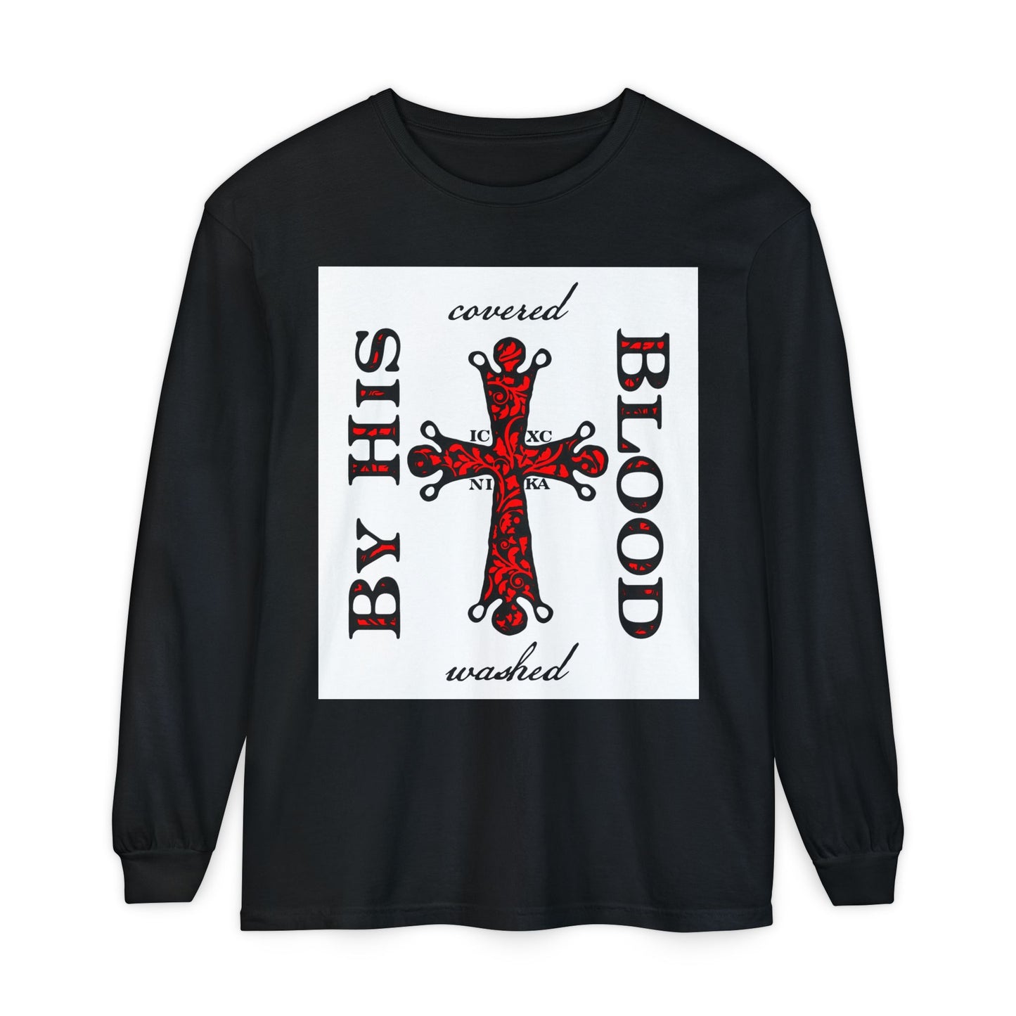 Washed/Covered By His Blood (1 John 1:7) | ICXC NIKA Ornate Red Orthodox Cross | Orthodox Christian Long Sleeve Shirt