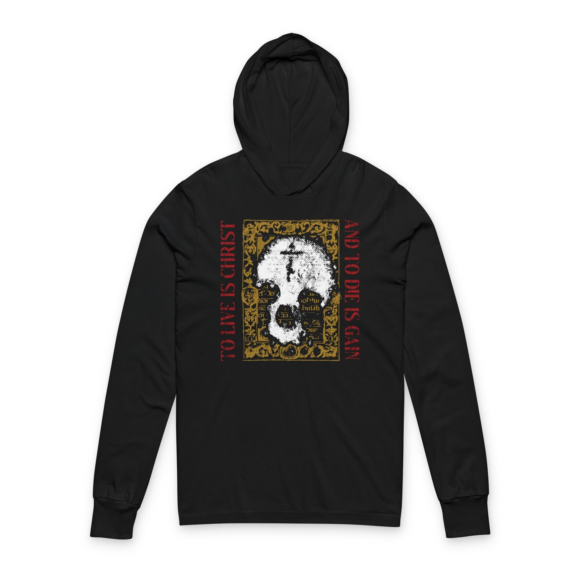 Express your faith with this black "To Live is Christ, to Die is Gain (Philippians 1:21)" Orthodox hooded shirt, featuring a skull with cross and gold manuscript texture—bold Christian style inspired by Philippians 1:21.