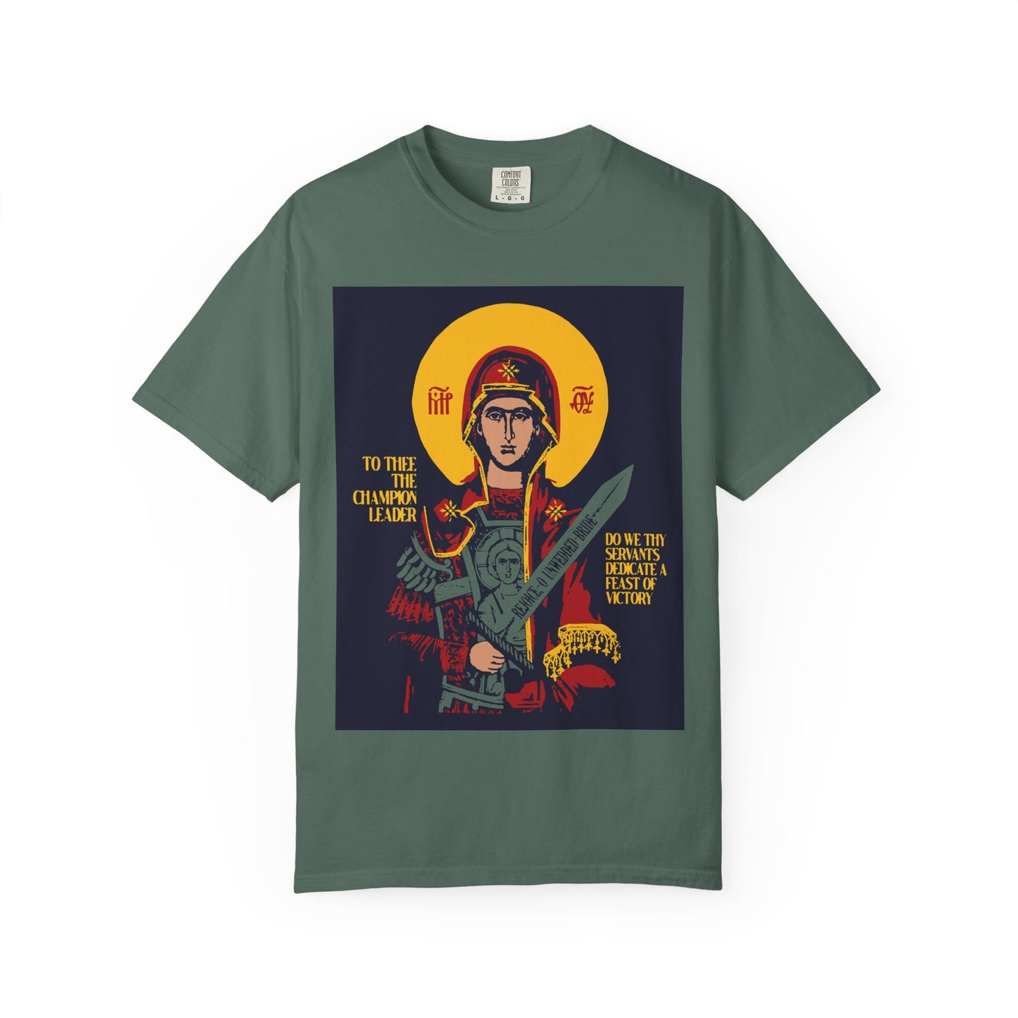 To Thee the Champion Leader | Mother of God | Theotokos with Sword IconoGraphic | Heavyweight Cotton Unisex Orthodox T-Shirt