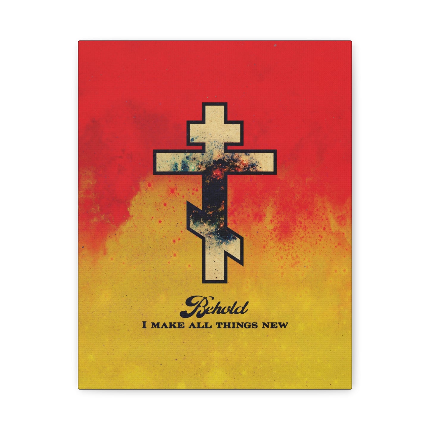 Behold, I Make All Things New (Revelation 21:5) | Cosmic Orthodox Cross on Red and Yellow Background | Orthodox Christian Canvas Art