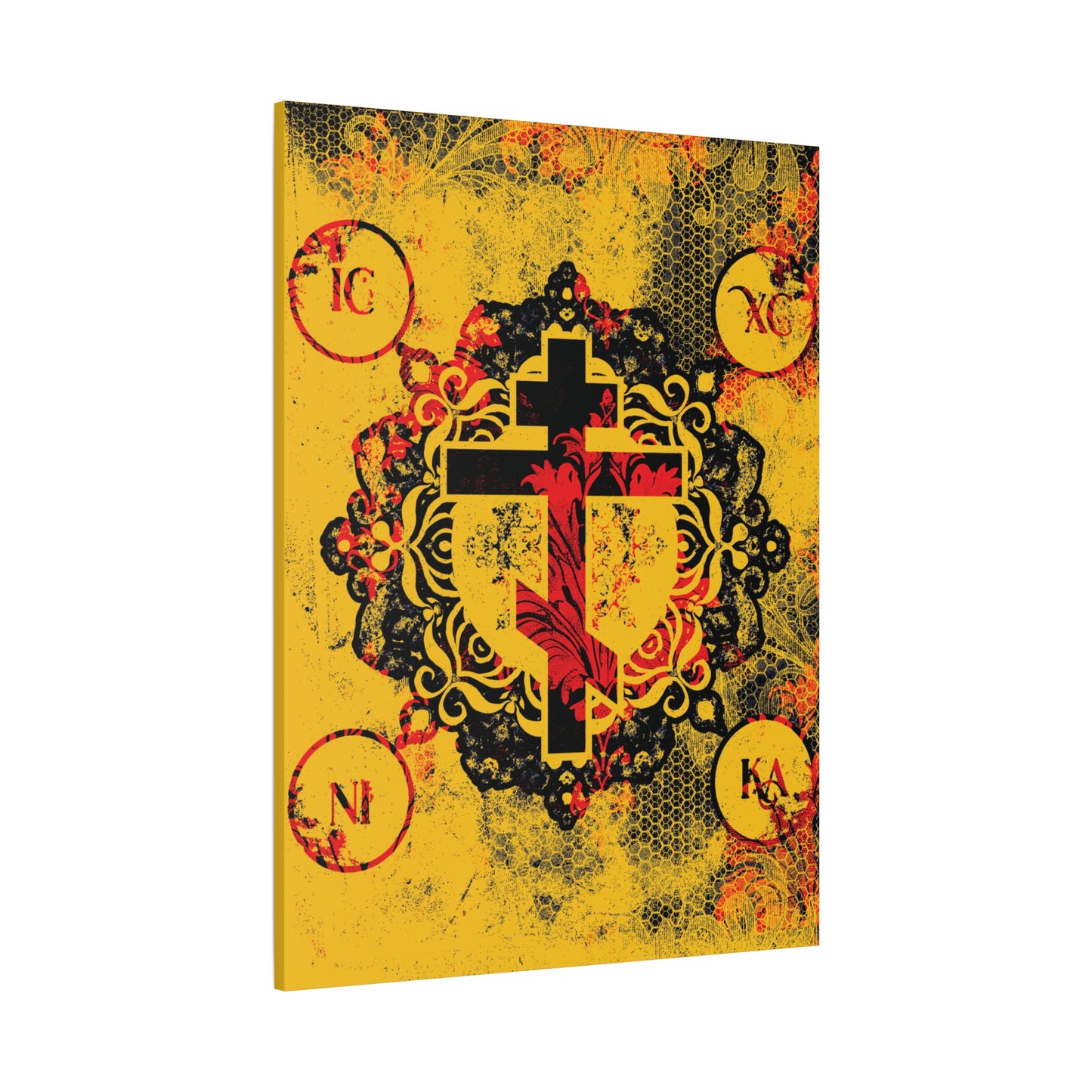 IC XC NIKA Orthodox Cross | Yellow & Red Modern & Medieval Textured Floral Design | Orthodox Christian Canvas Art
