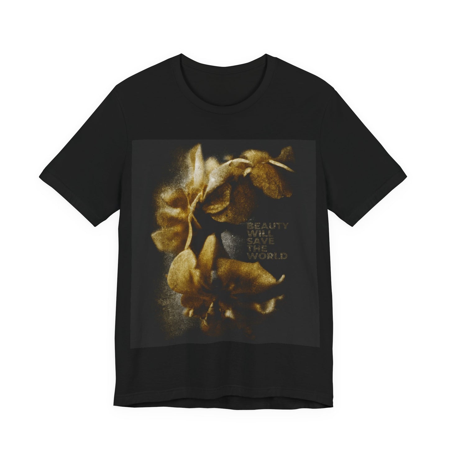 Black "Beauty Will Save the World" t-shirt featuring a gold floral design and photographic artwork inspired by Jesus Christ, Universal Creator & King. Orthodox Christian, Dostoevsky-themed.