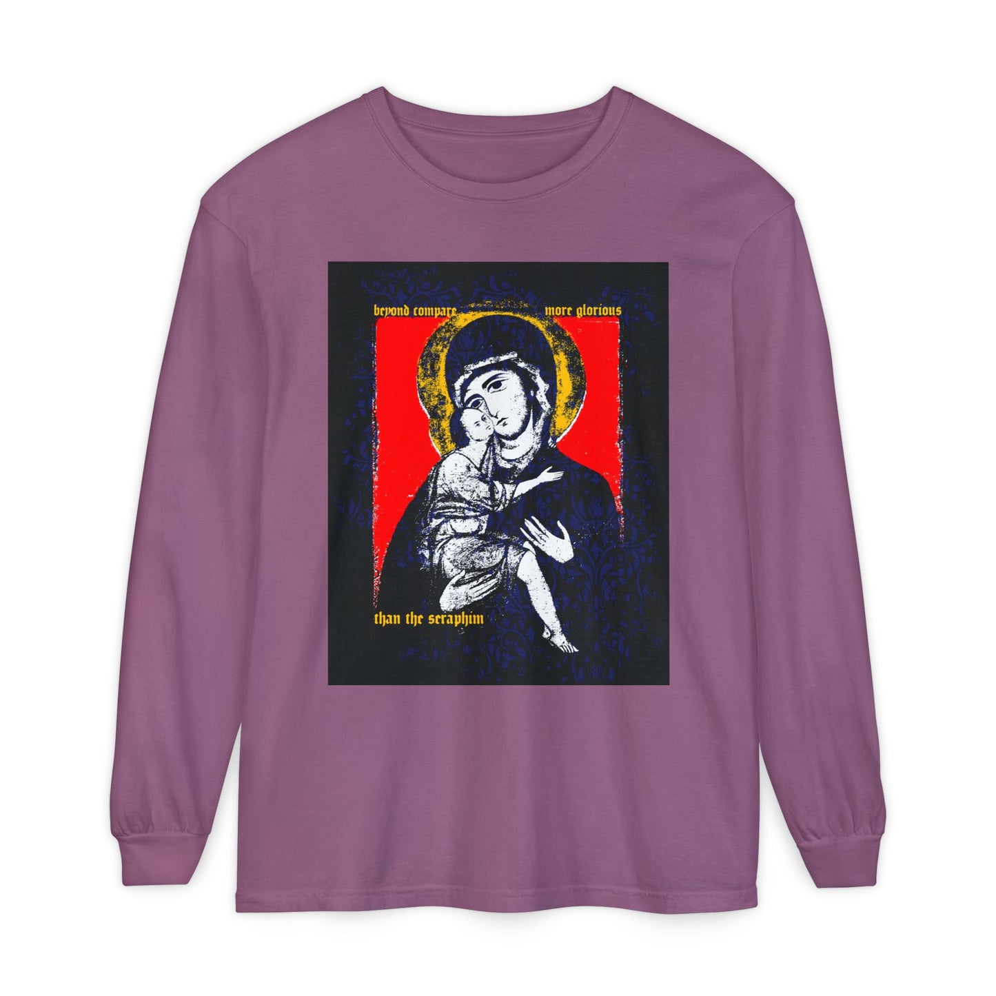 Beyond Compare More Glorious Than the Seraphim | Vladimir Theotokos Iconographic | Orthodox Christian Long Sleeve Shirt