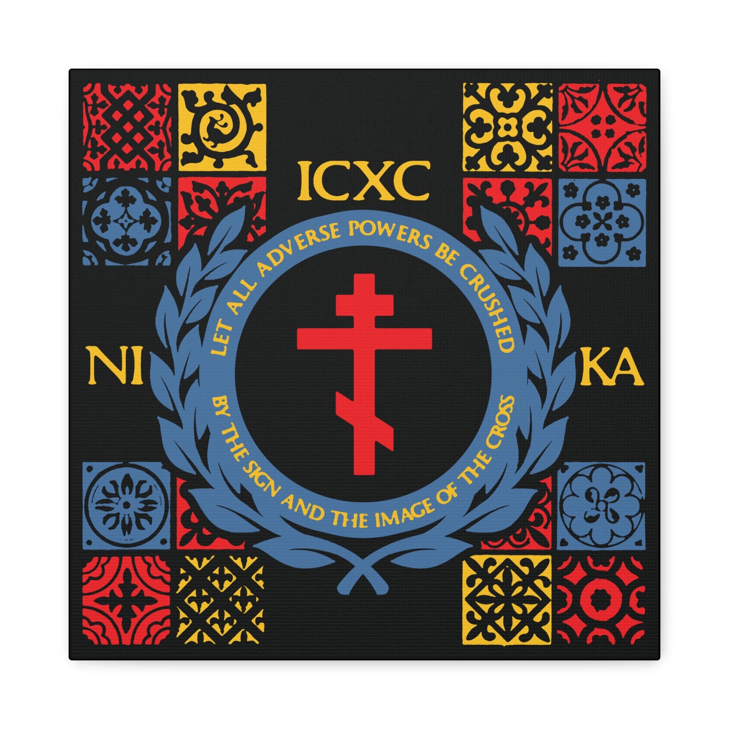 Let All Adverse Powers Be Crushed (Red, Yellow & Blue Design) | ICXC NIKA | Medieval Tile Design | Orthodox Christian Canvas Art