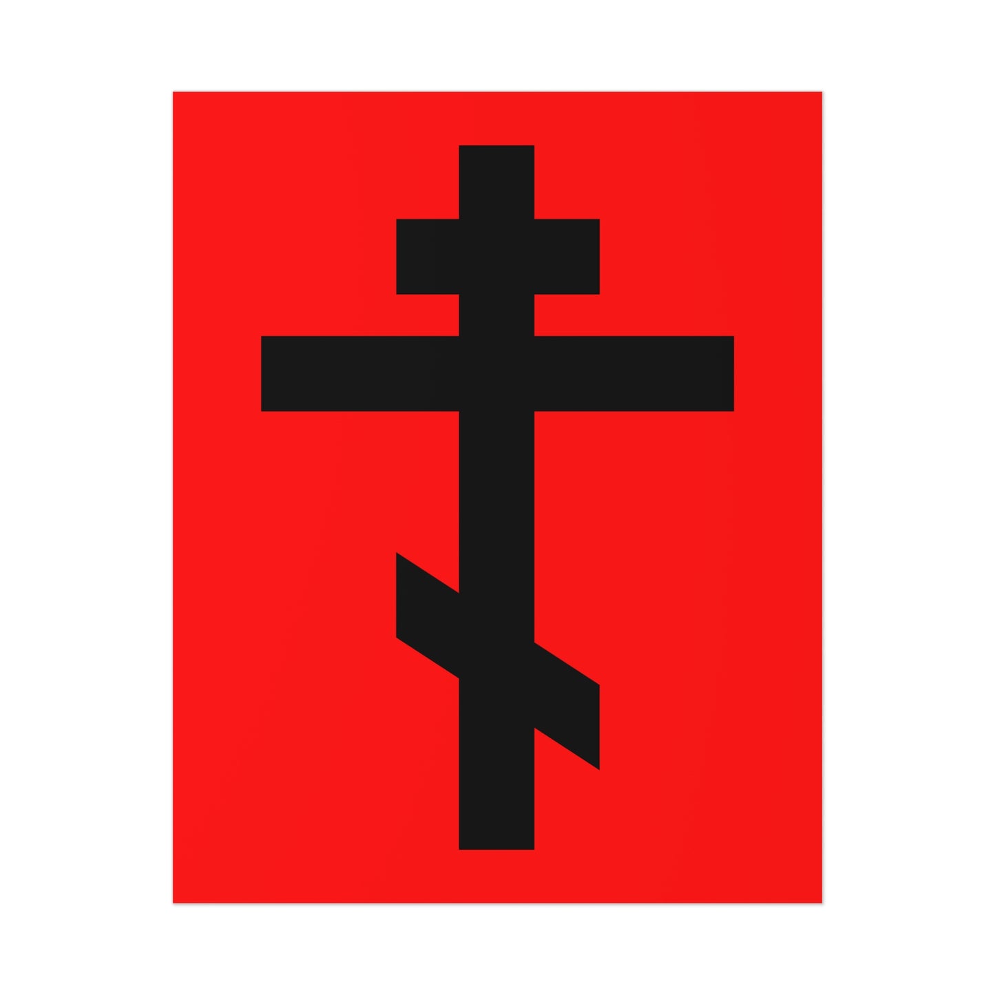 Featuring a black Orthodox cross on a vivid red background, this poster highlights Galatians 6:14: "May I never boast, except in the cross of our Lord Jesus Christ." A striking piece of Orthodox art for inspiration and reflection.