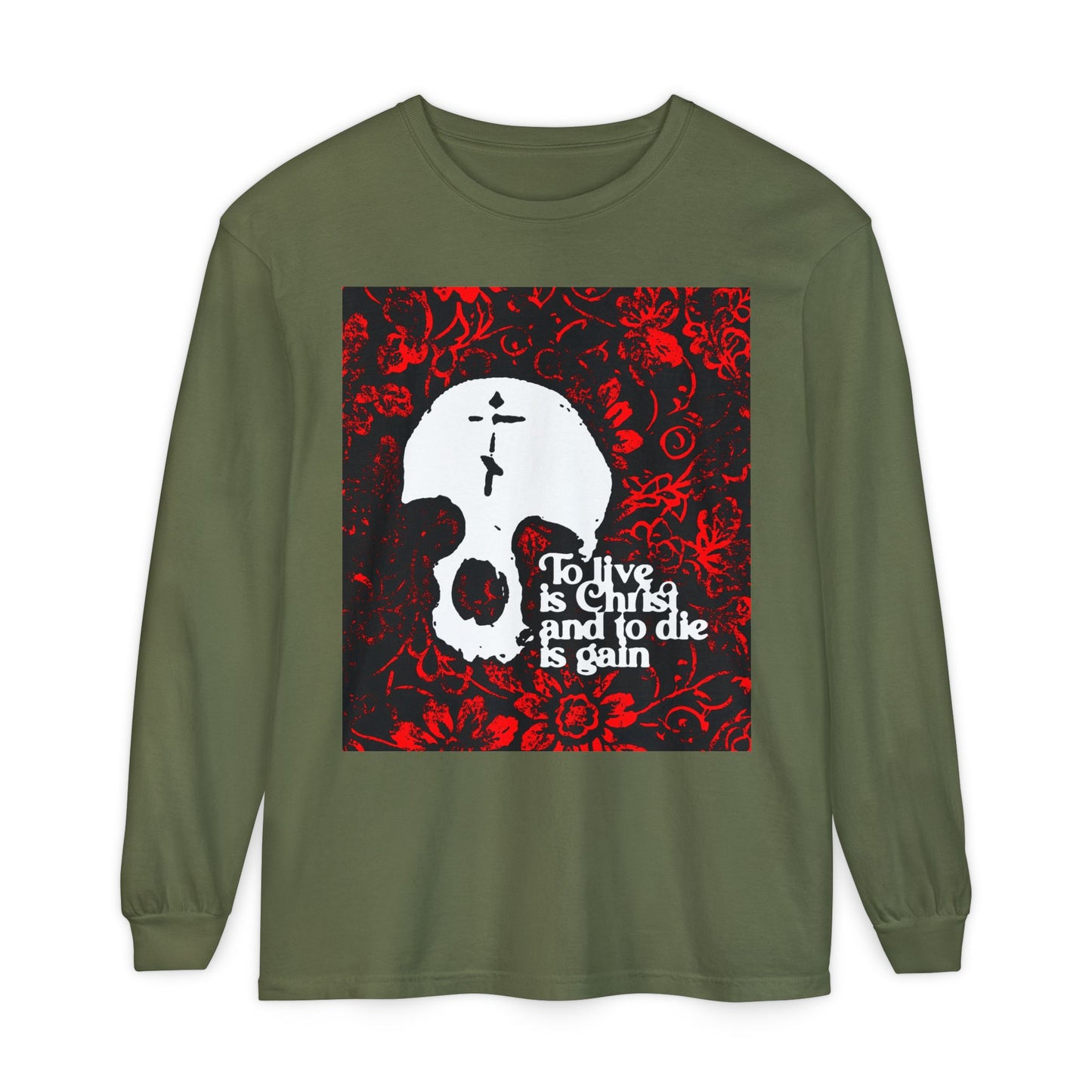 To Live is Christ To Die is Gain (Phil 1:21) | Skull with Cross on Red Floral Texture | Orthodox Christian Long Sleeve Shirt