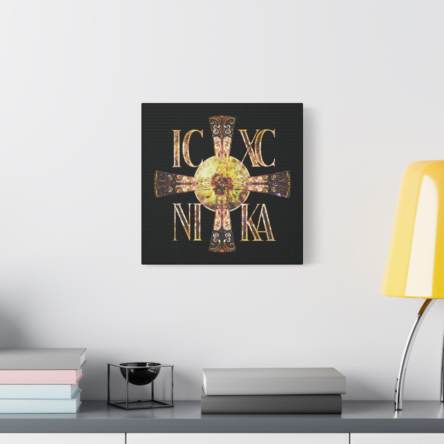 ICXC NIKA Celtic Style Equal Armed Cross | Bright Solar Texture | Orthodox Christian Canvas Art