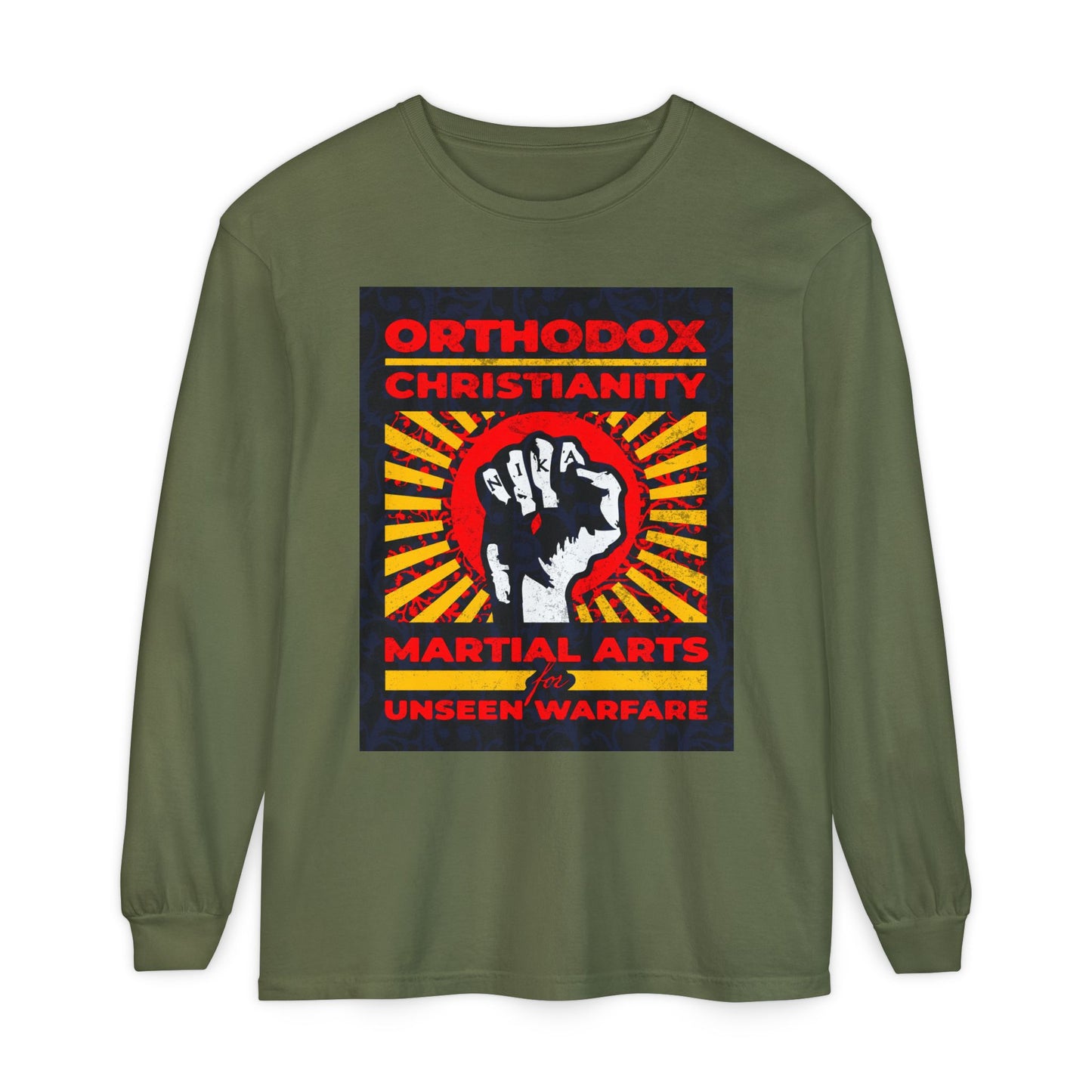 Orthodox Christianity: Martial Arts for Unseen Warfare | NIKA Jesus Fist on Colorful Sunburst Design | Orthodox Christian Long Sleeve Shirt