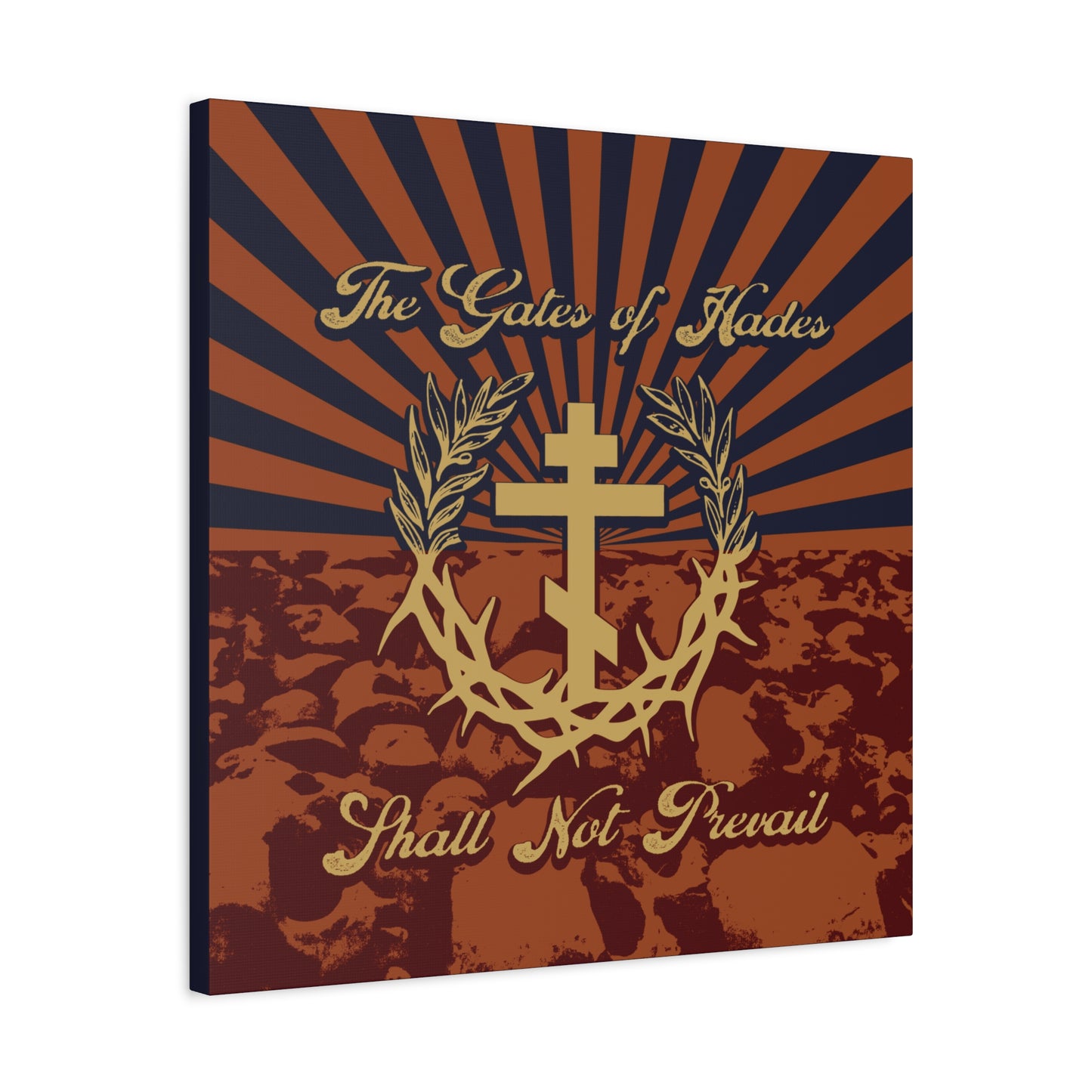 The Gates of Hades Shall Not Prevail | Cross with Wreath & Crown of Thorns | Skulls and Rays | Orthodox Christian Canvas Art