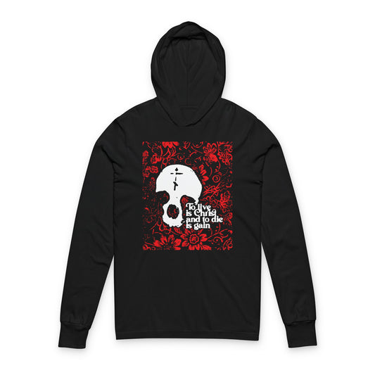 Black long sleeve hooded shirt featuring a white skull with a cross on a red floral background and the text “To Live is Christ To Die is Gain” (Phil 1:21)—perfect for living a Christ-centered, Orthodox Christian life.