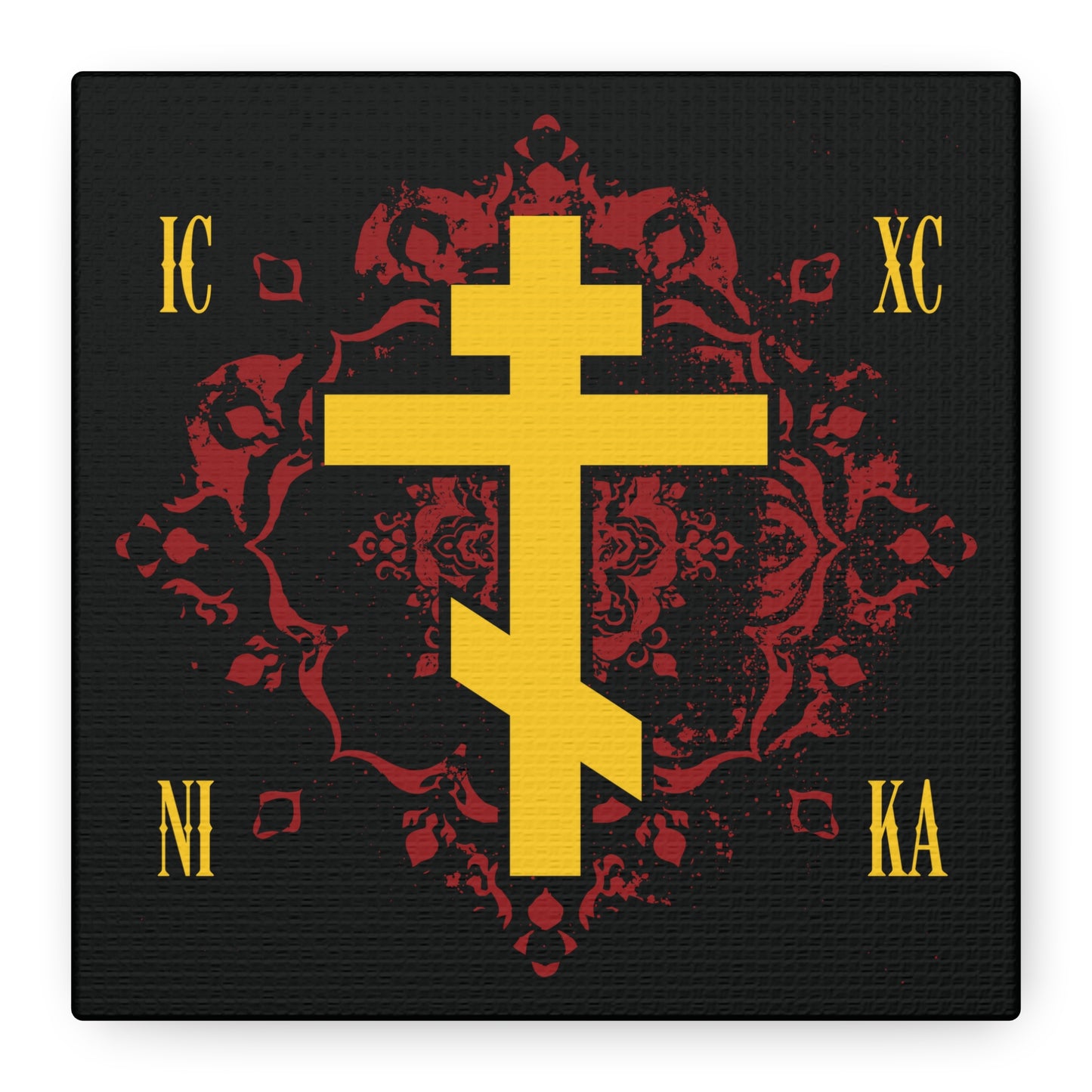 The ICXC NIKA Yellow Russian Cross features ornate red detailing and the words “Jesus Christ Conquers,” capturing Orthodox Christian grace in this vibrant canvas art design.