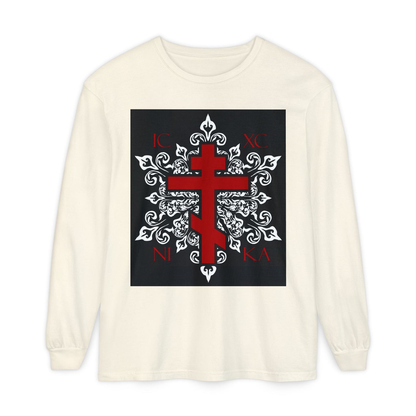 ICXC / NIKA Red Orthodox Cross on Ornate White Medieval Floral Design | Exclusive Best-Selling | Orthodox Christian Long Sleeve Shirt