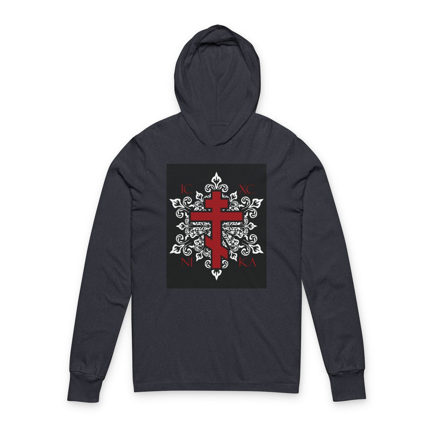 ICXC / NIKA Red Orthodox Cross on Ornate White Medieval Floral Design | Exclusive Best-Selling | Orthodox Long Sleeve Hooded Shirt