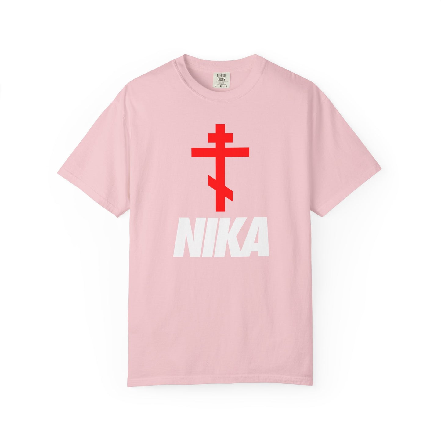 Blossom-colored heavyweight cotton unisex tee featuring an Orthodox cross above bold NIKA text in a NIKE logo mashup—minimalist athletic ascetic fashion inspired by Revelation 3:21’s promise of victory.