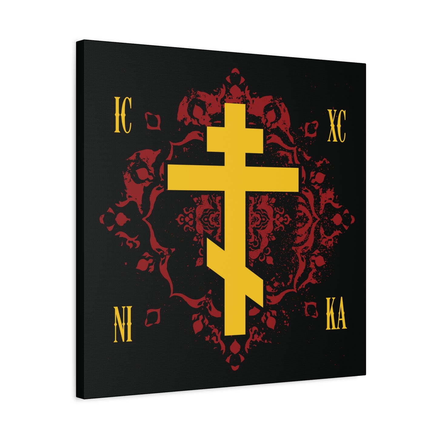 The ICXC NIKA Yellow Russian Cross on Ornate Red Background Design canvas art beautifully features the "Jesus Christ Conquers" symbol—an iconic piece of Orthodox Christian decor inspired by St Kosmas Aitolos.