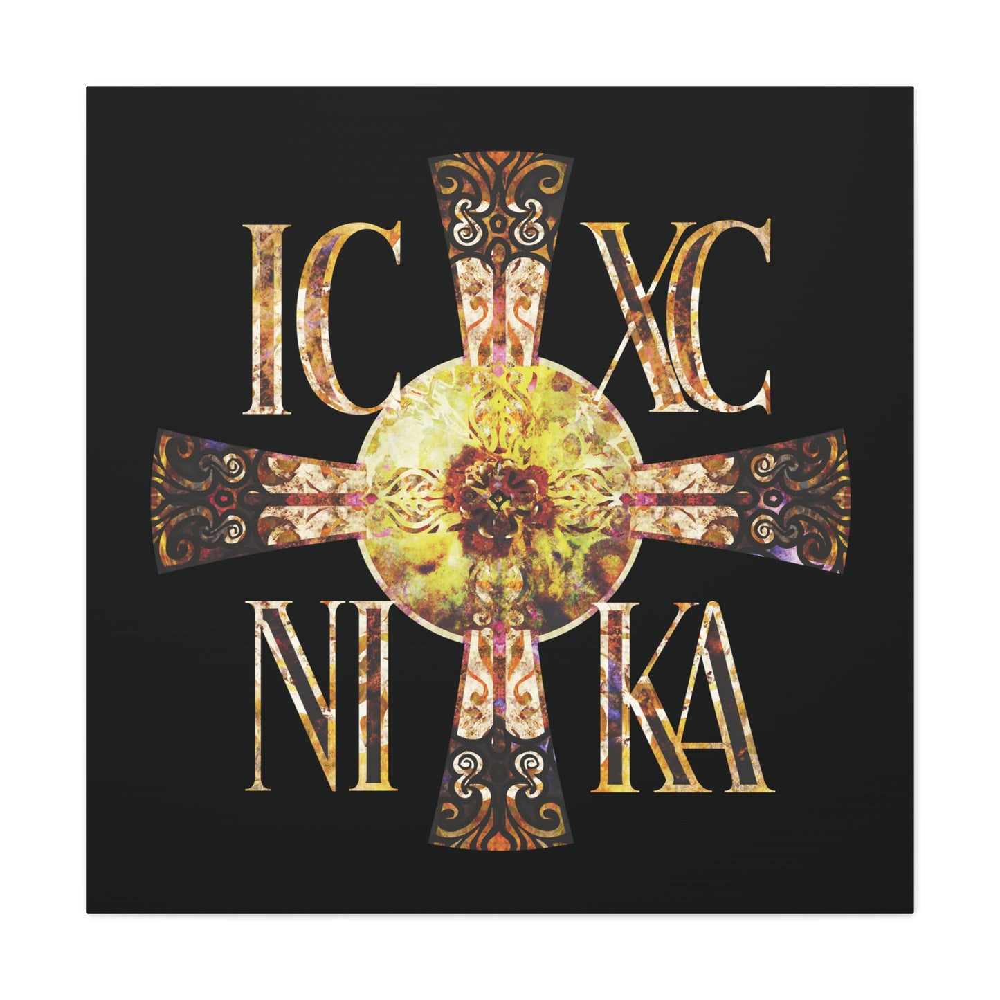 ICXC NIKA Celtic Style Equal Armed Cross | Bright Solar Texture | Orthodox Christian Canvas Art