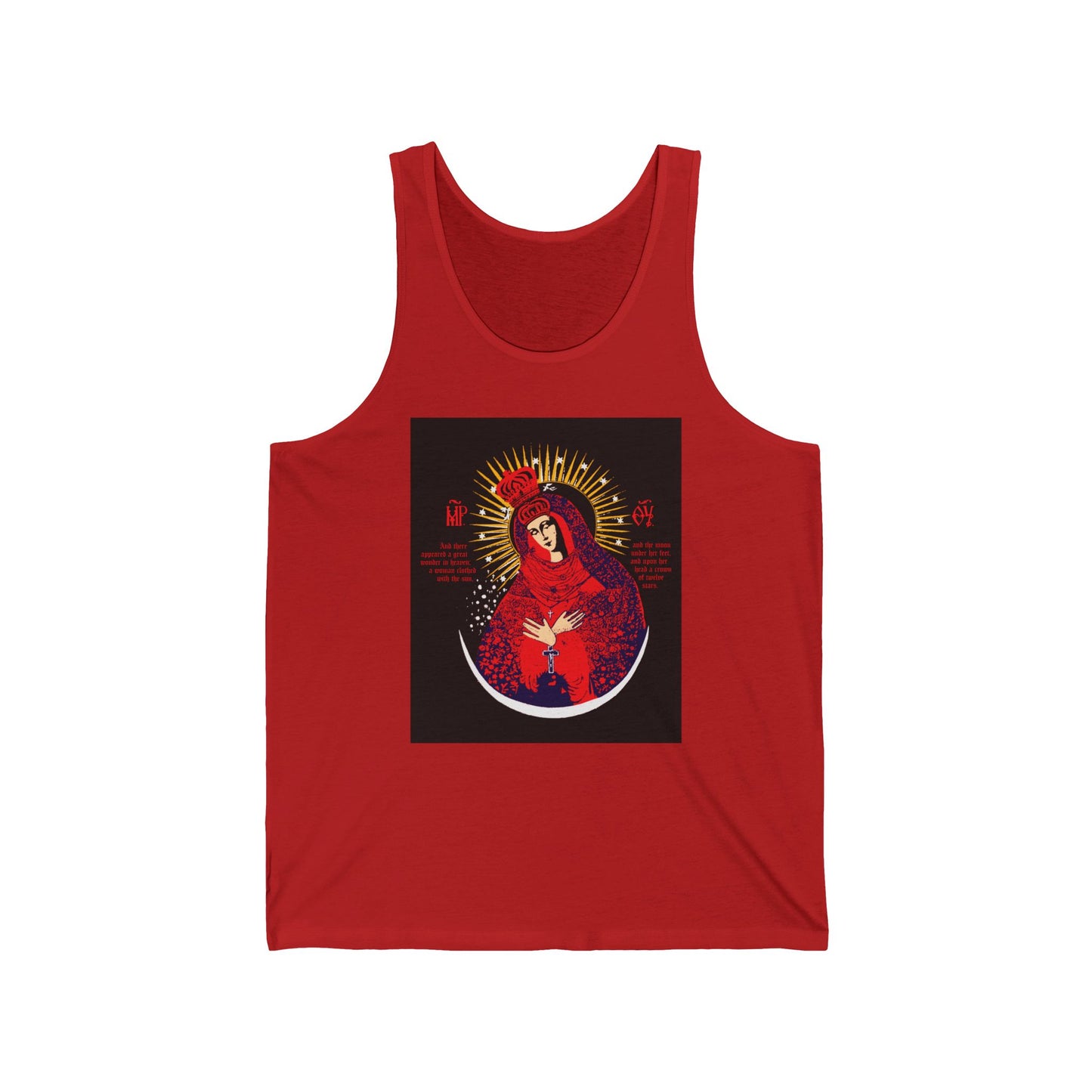 Our Lady the Gate of Dawn Icono-Graphic | Theotokos Crowned | Woman of the Apocalypse | Red Blue & Gold Design | Orthodox Christian Tank Top