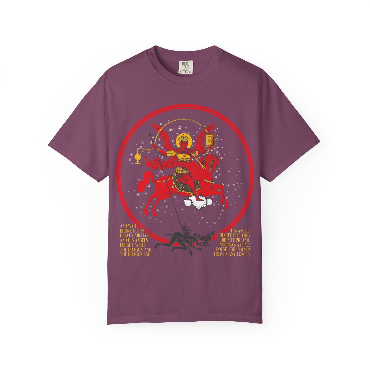 Archangel Michael of the Apocalypse Icono-Graphic | War in Heaven (Rev 12:7-9) | Satan Cast Out | Heavyweight Cotton Unisex T-Shirt