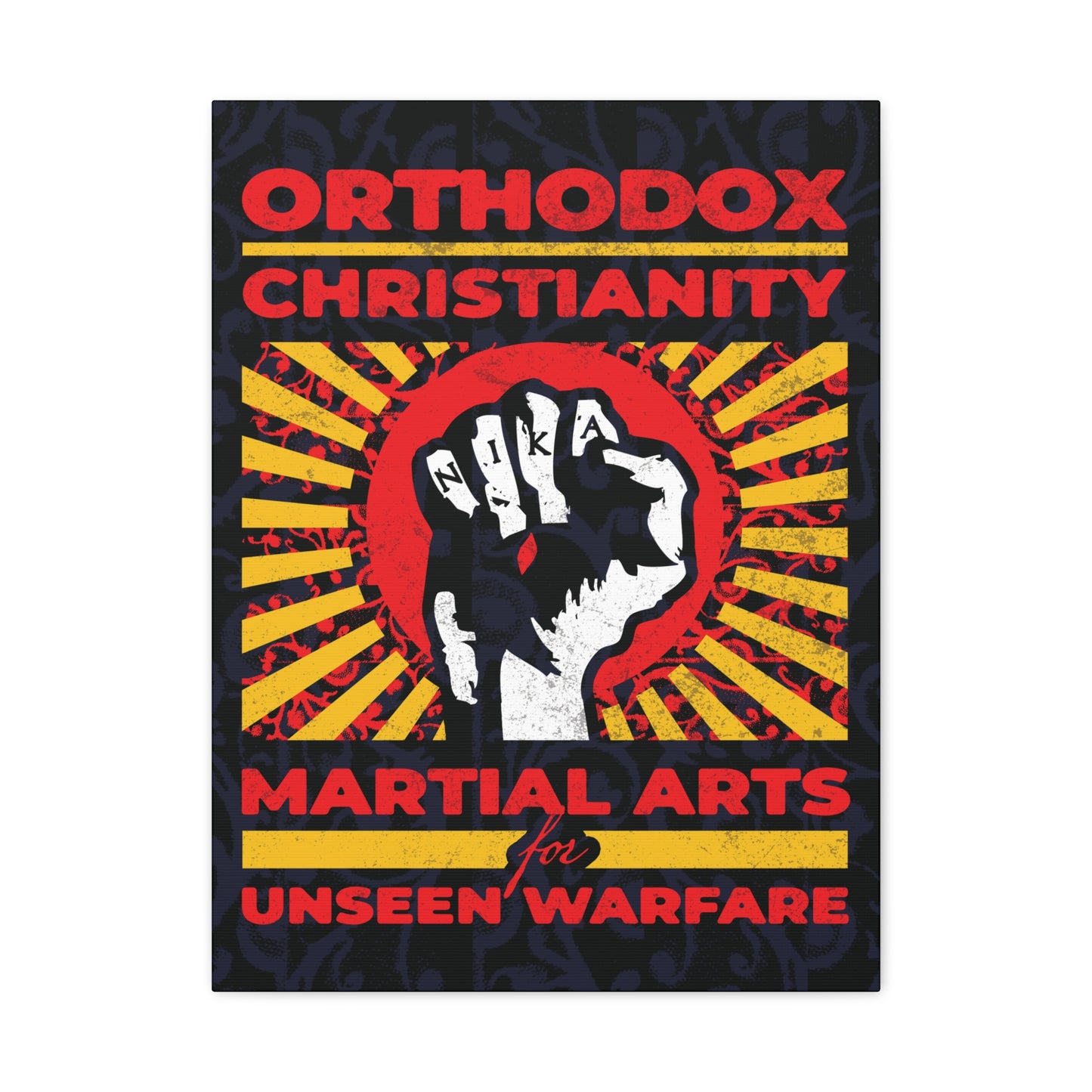 Orthodox Christianity: Martial Arts for Unseen Warfare | NIKA Jesus Fist on Colorful Sunburst Design | Orthodox Christian Canvas Art