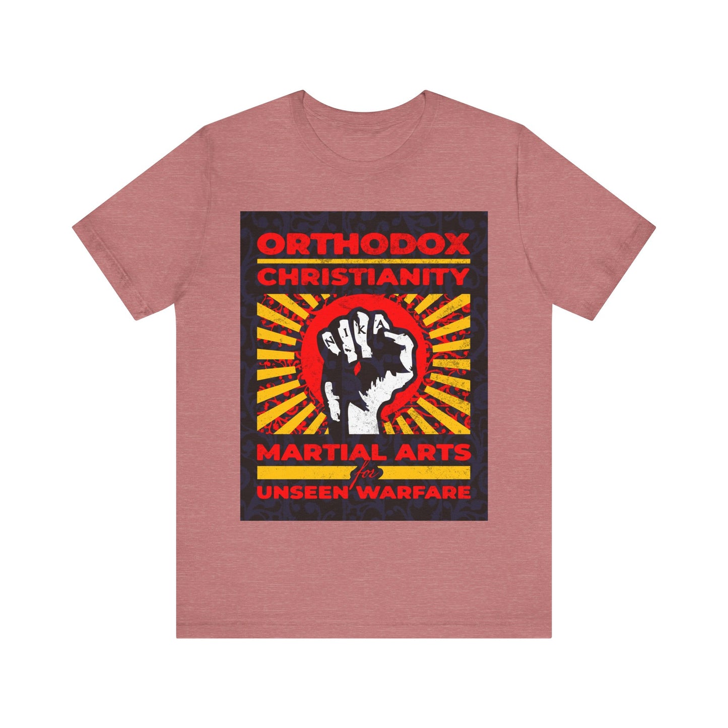 Orthodox Christianity: Martial Arts for Unseen Warfare | NIKA Jesus Fist on Colorful Sunburst Design | Orthodox Christian T-Shirt