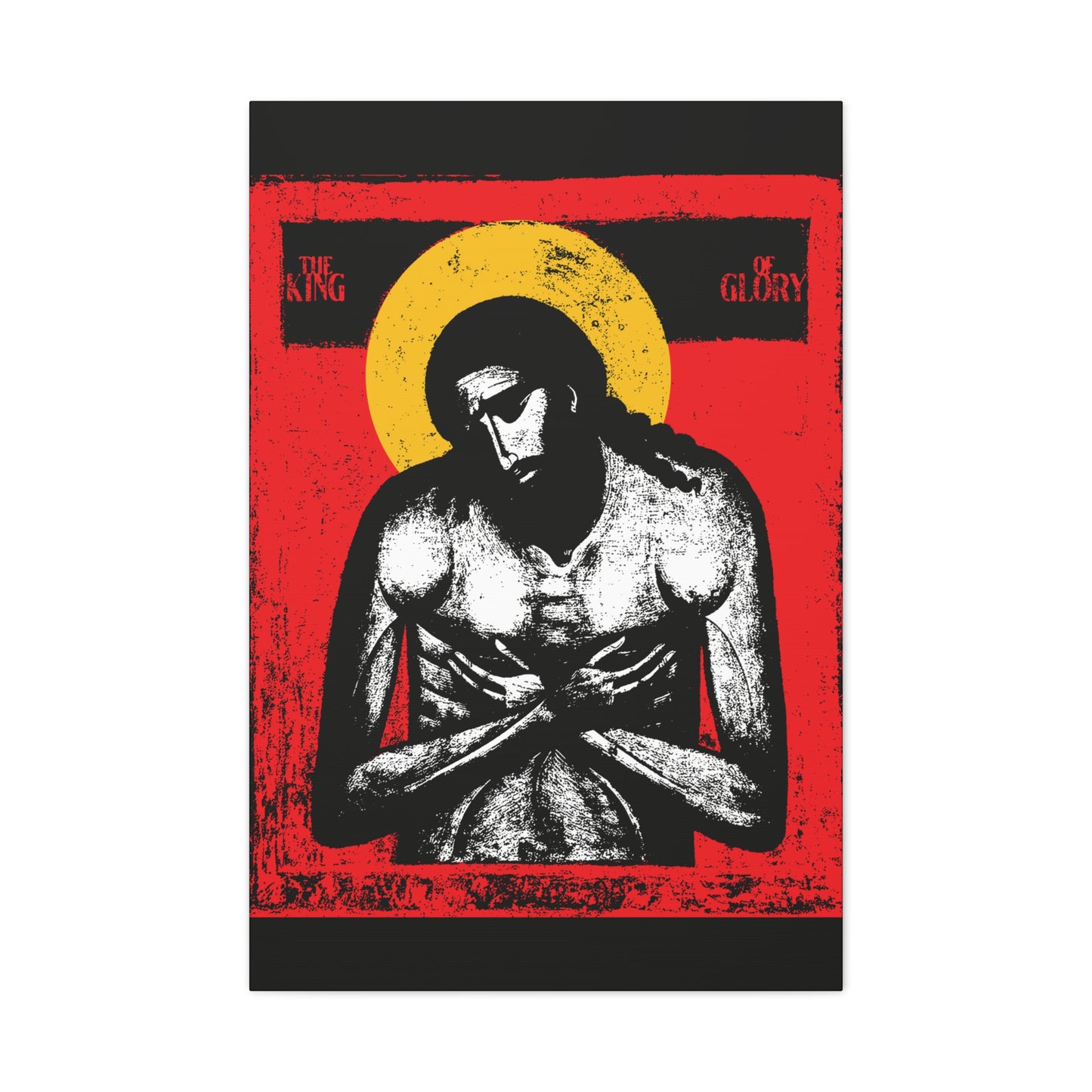 Stylized "The King of Glory Jesus Christ 'Extreme Humility' IconoGraphic" wall art featuring crossed arms, yellow halo, red background, and Isaiah 53-inspired message; perfect Christian devotional decor.