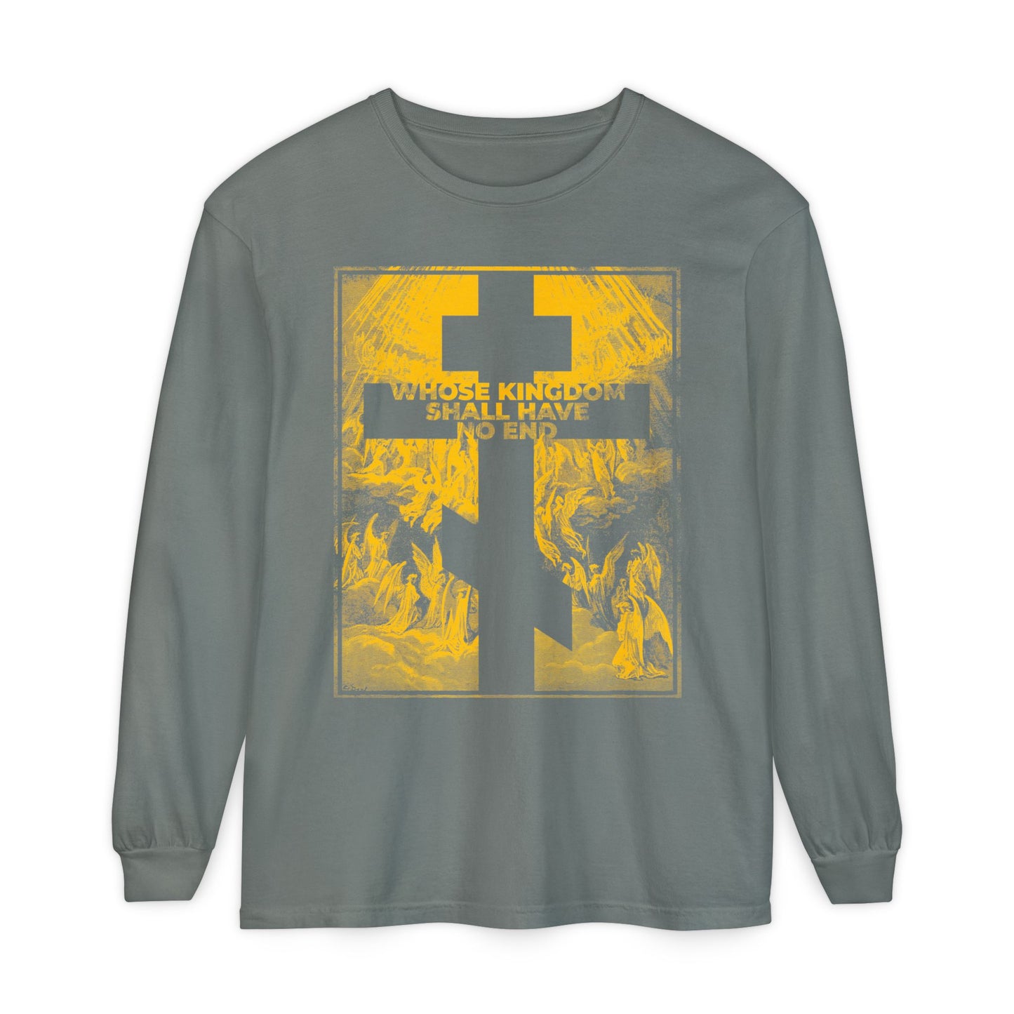 Grey Orthodox long-sleeve shirt featuring a large yellow cross and “Whose Kingdom Shall Have No End” in the center, inspired by the Nicene Creed and Gustave Dore’s etching.