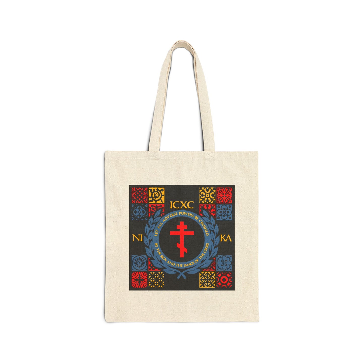 Let All Adverse Powers Be Crushed (Red, Yellow & Blue Design) | ICXC NIKA | Medieval Tile Design | Orthodox Christian Tote Bag