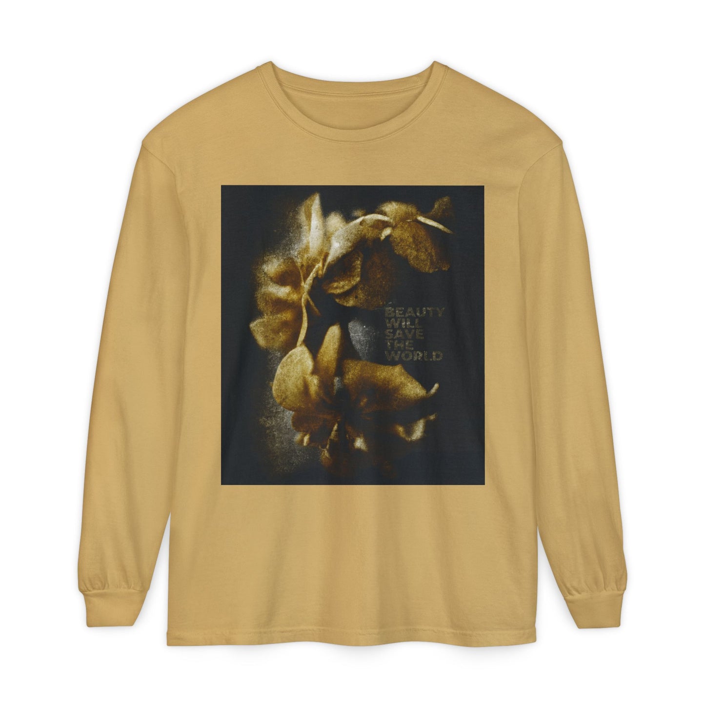 Mustard long sleeve shirt featuring "Beauty Will Save the World" inspired by Dostoevsky, with photographic artwork glorifying Jesus Christ, Universal Creator & King—a meaningful Christian choice.