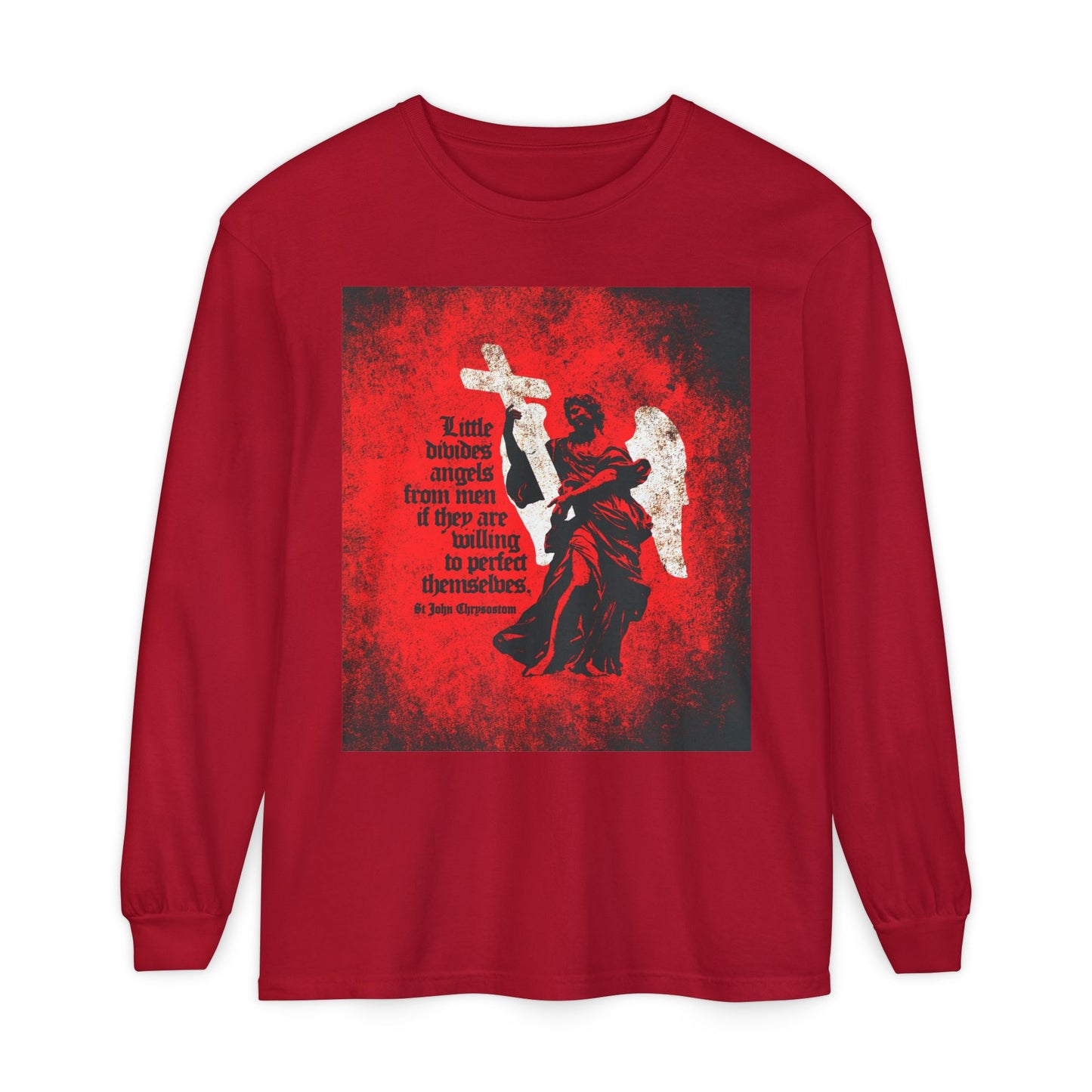 Little Divides Angels from Men | Christian Perfection | St John Chrysostom | Textured Cemetery Angel | Orthodox Christian Long Sleeve Shirt