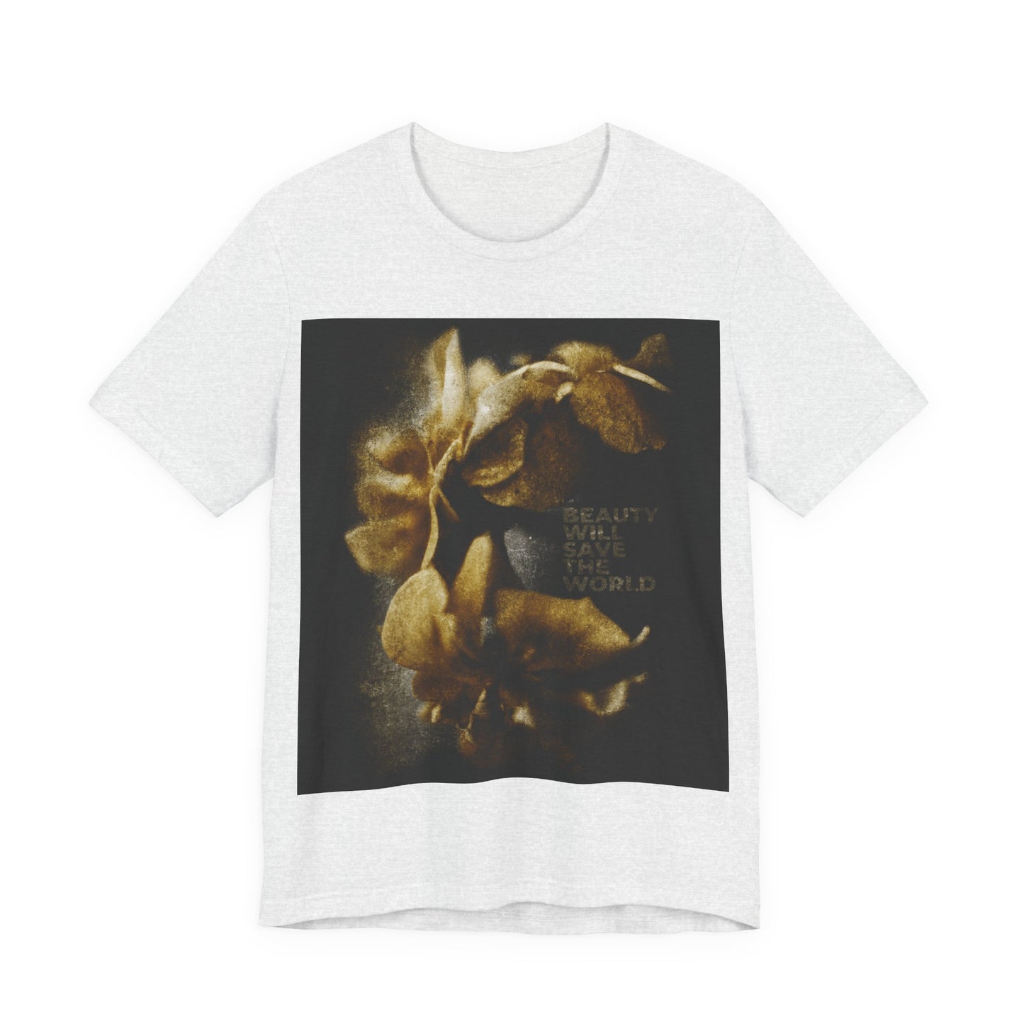 Ash t-shirt with a black square and golden floral graphic, text "BEAUTY WILL SAVE THE WORLD," and artwork honoring Jesus Christ as Universal Creator & King. Inspired by Dostoevsky; Orthdox Christian design.