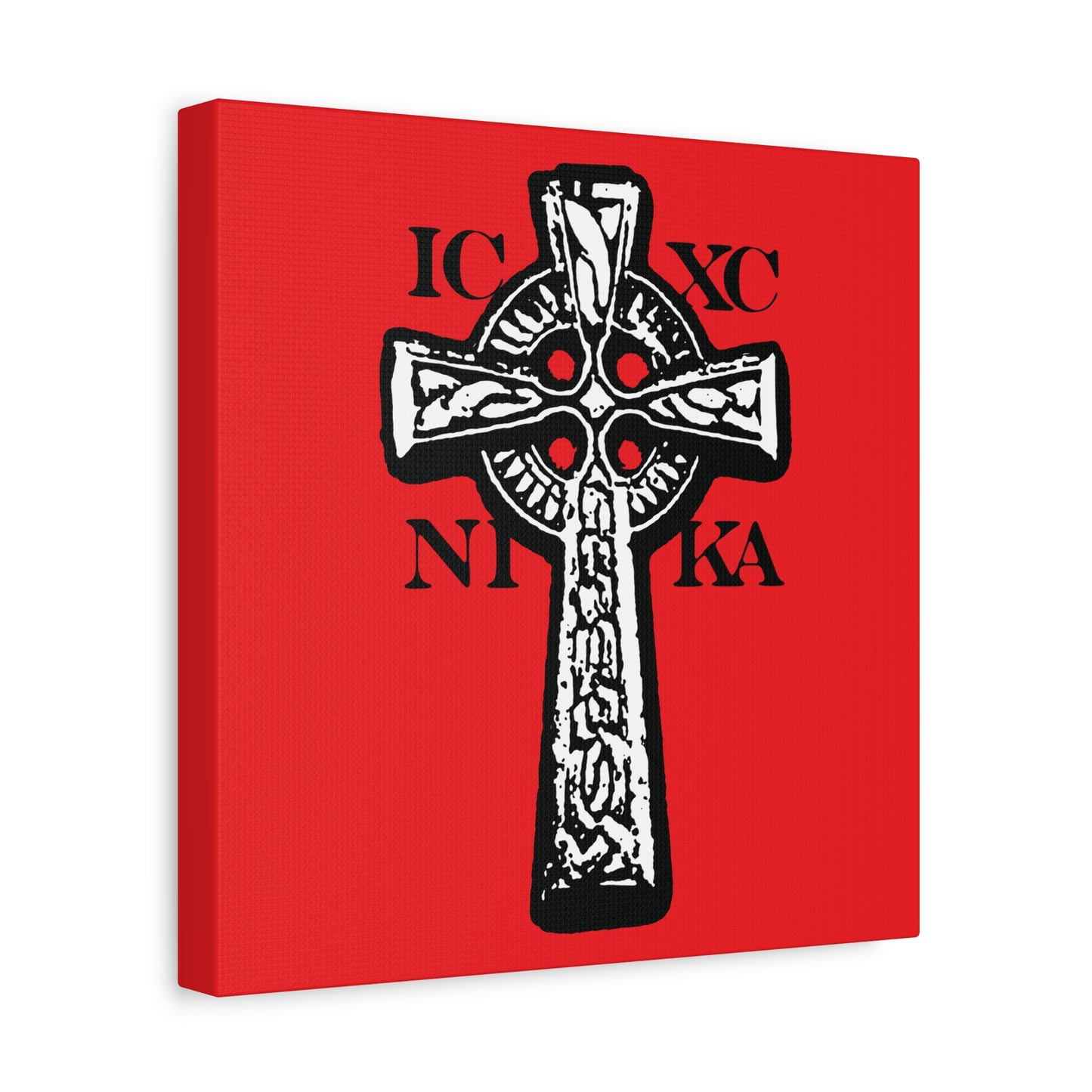 The ICXC NIKA Celtic Knotwork Cross features a black and white cross with red accents on a red background, Greek letters, and symbolizes Christ's victory and salvation in traditional Orthodox Christian wall art.
