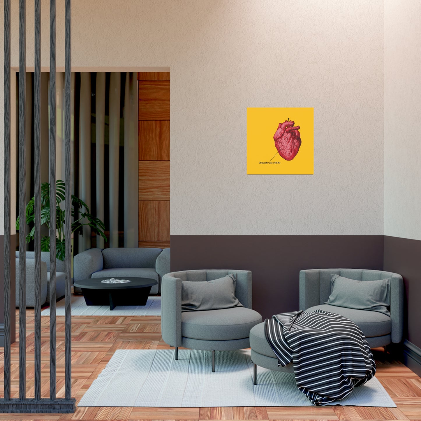 A modern lounge with gray chairs and a striped blanket features the "Remember You Will Die" Christian art poster, a retro medical heart design with Orthodox cross, creating a serene space for reflection inspired by St John’s teachings.